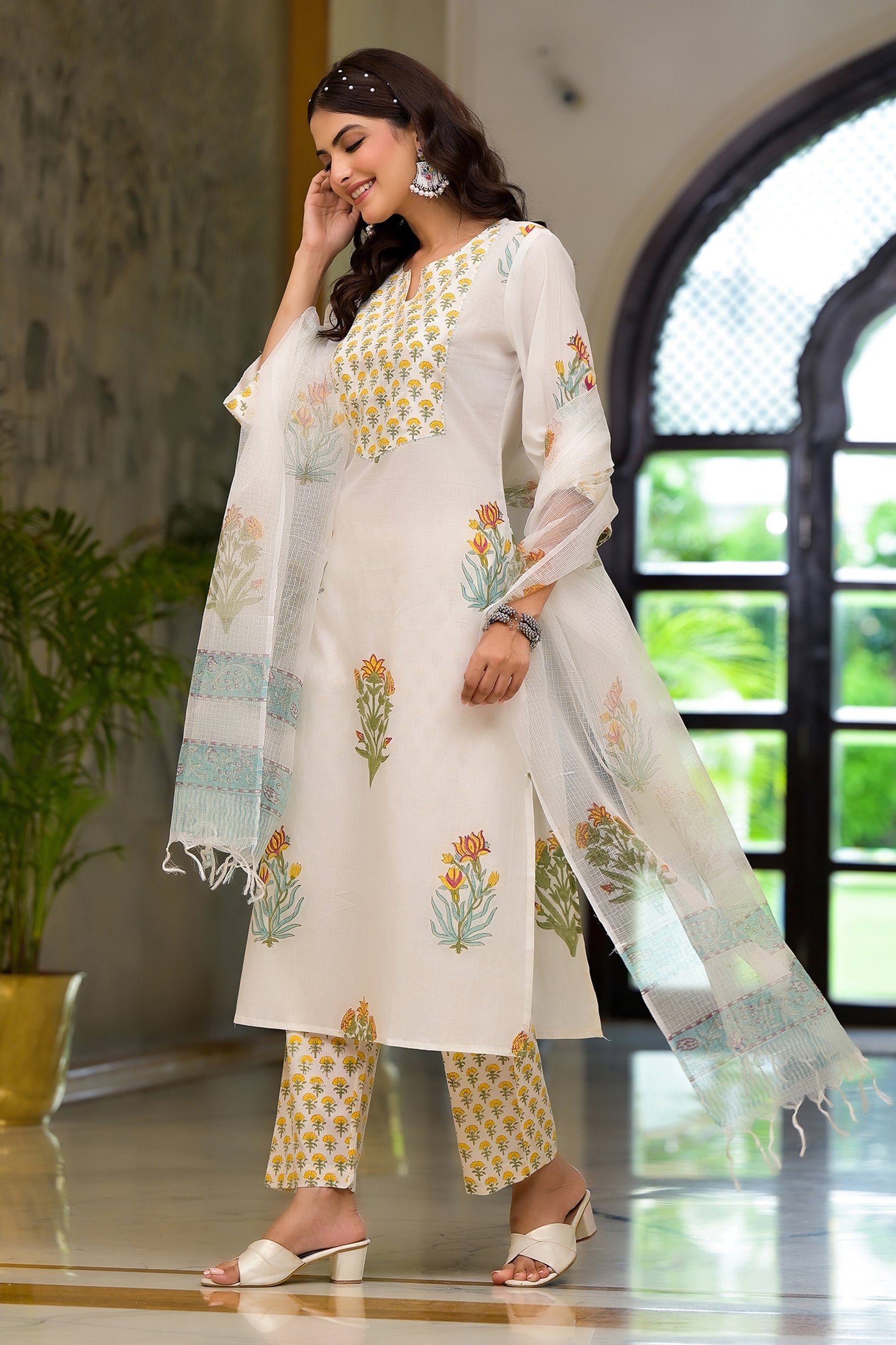 White & Yellow Mughal Floral Block Print Kurta Pant Kota Doria Dupatta