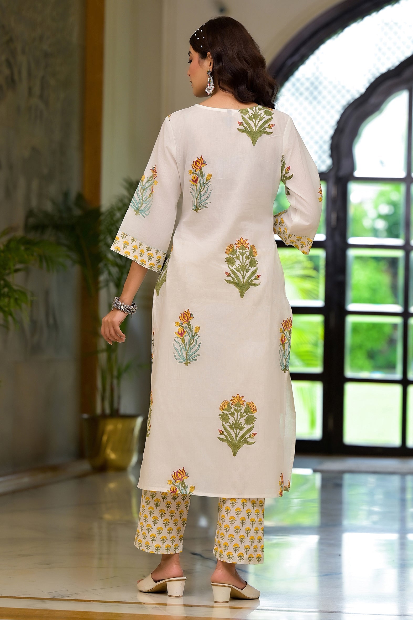 White & Yellow Mughal Floral Block Print Kurta Pant Kota Doria Dupatta