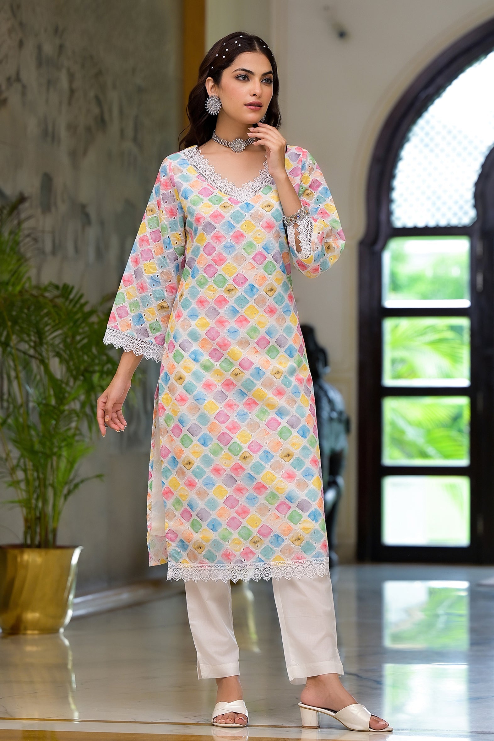 Multi Print Schifili Kurta Pant Set with Lace Detail