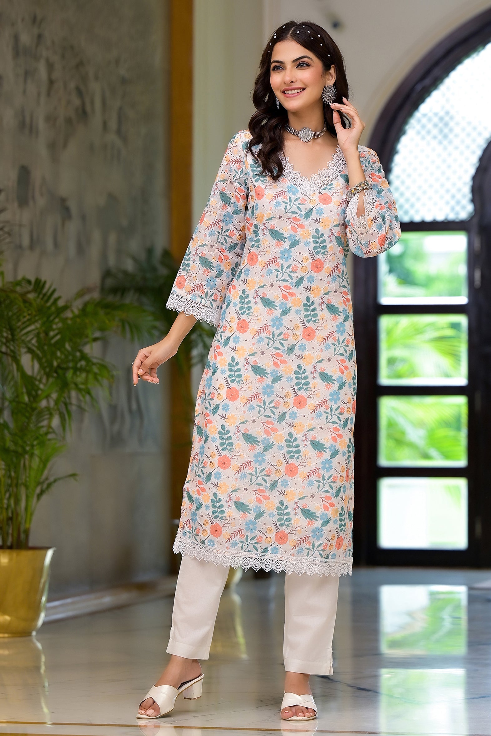 Multi Floral Schifili Kurta Pant Set with Lace Detail