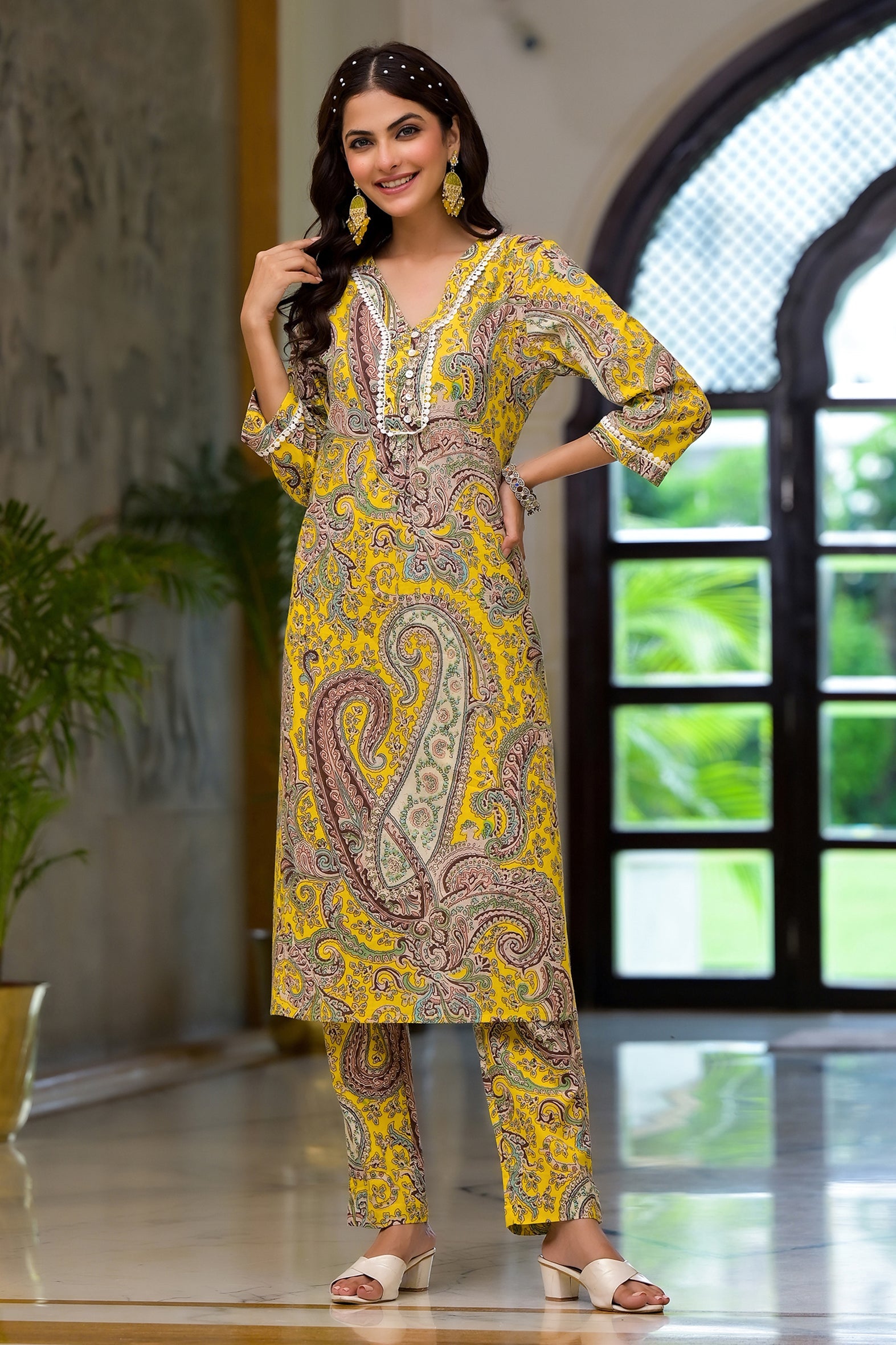 Yellow Multi Print Schifili Kurta Pant Set with Lace Detail