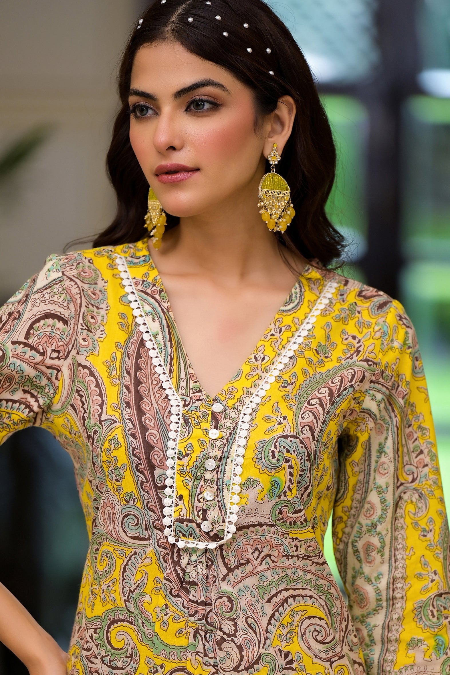 Yellow Multi Print Schifili Kurta Pant Set with Lace Detail
