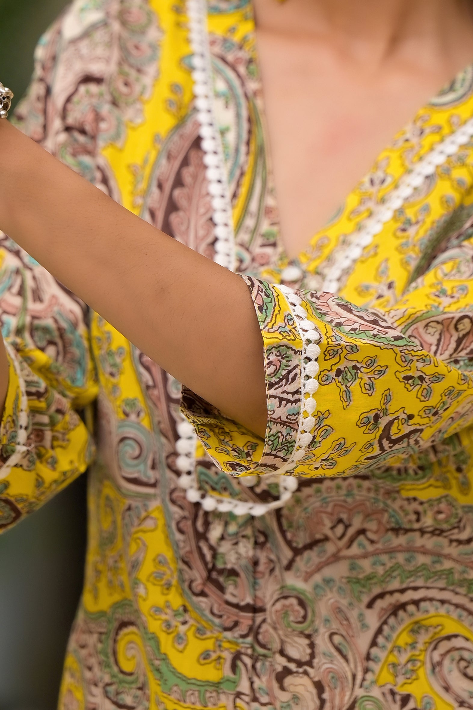 Yellow Multi Print Schifili Kurta Pant Set with Lace Detail