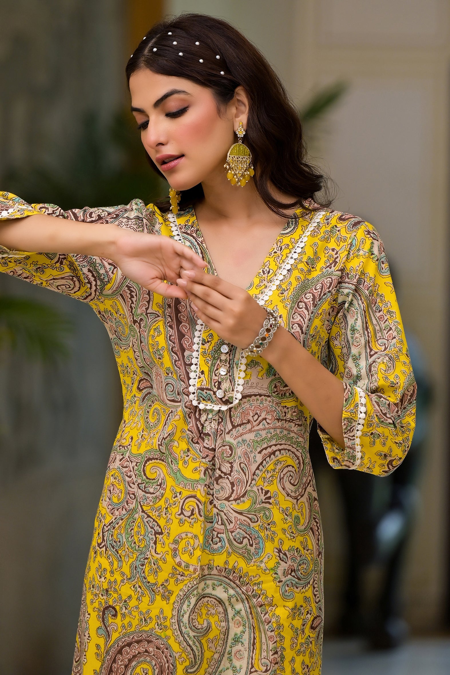 Yellow Multi Print Schifili Kurta Pant Set with Lace Detail