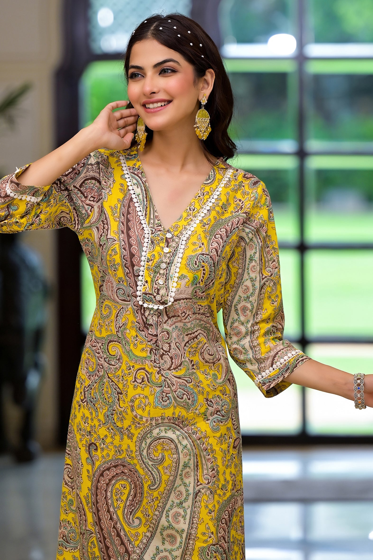 Yellow Multi Print Schifili Kurta Pant Set with Lace Detail