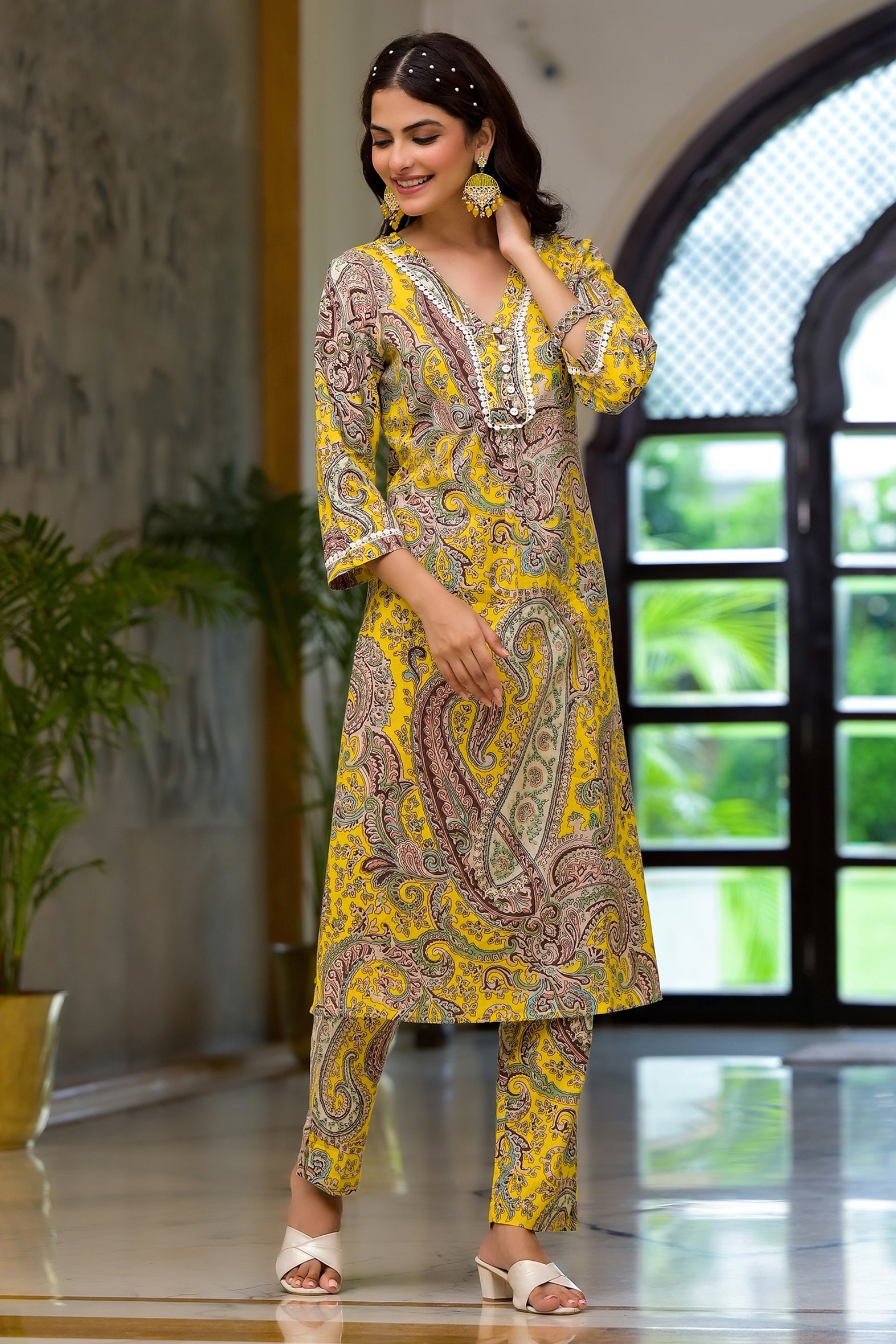 Yellow Multi Print Schifili Kurta Pant Set with Lace Detail