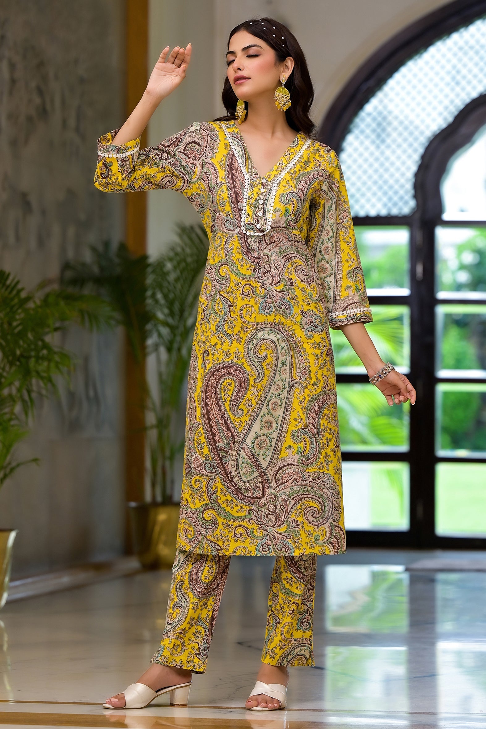 Yellow Multi Print Schifili Kurta Pant Set with Lace Detail