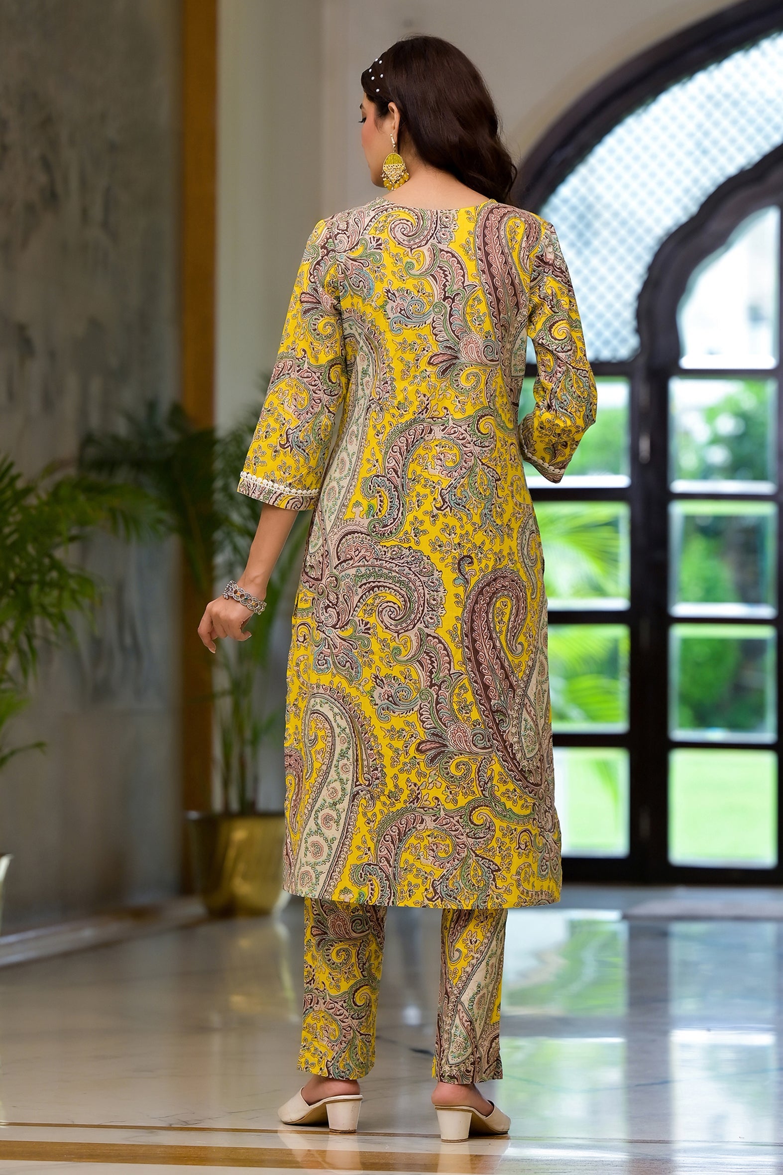Yellow Multi Print Schifili Kurta Pant Set with Lace Detail