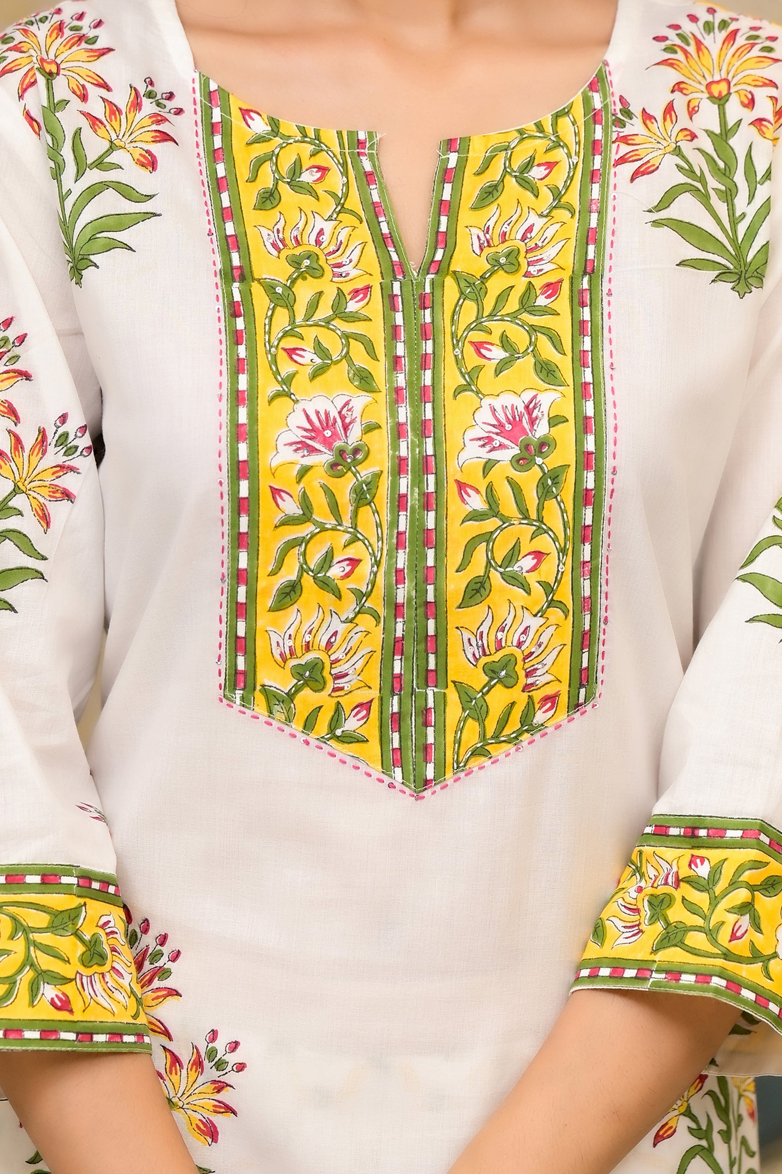 White Yellow Mughal Floral Kurta Pant Set (No Dupatta)