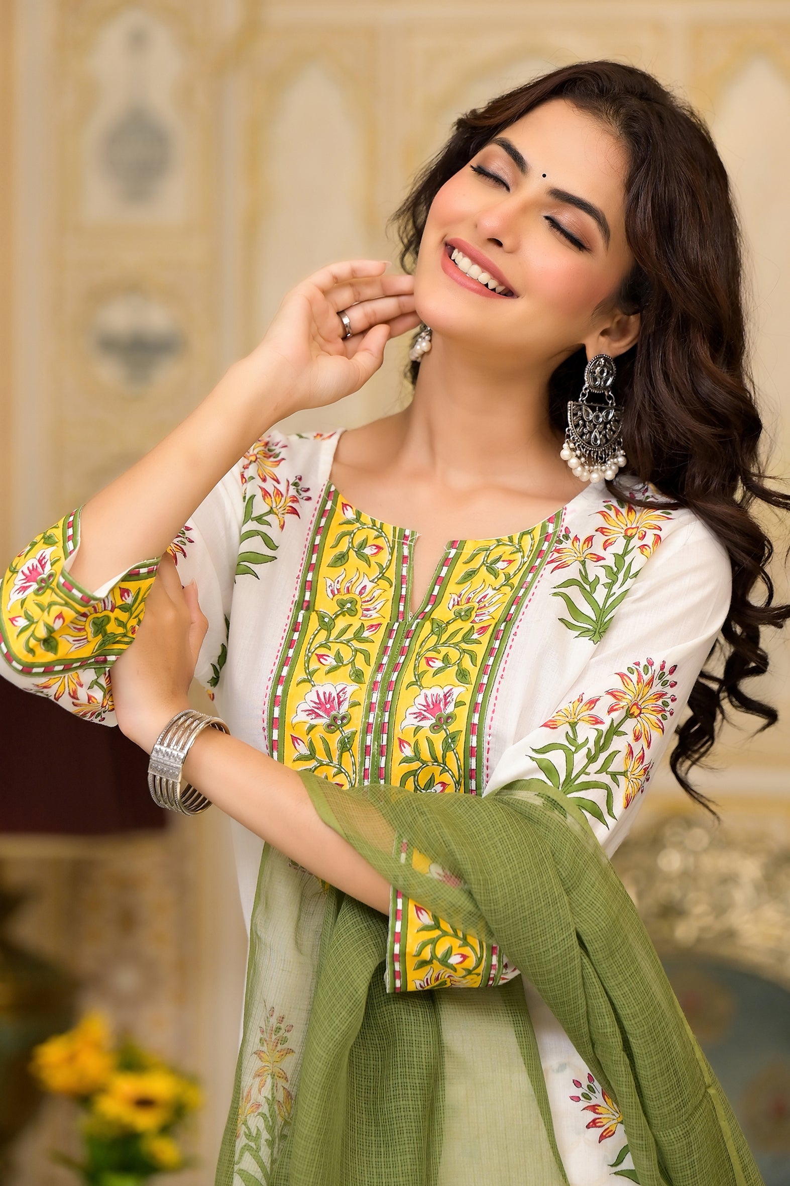 White Yellow Mughal Floral Cotton Kurta Pant Set