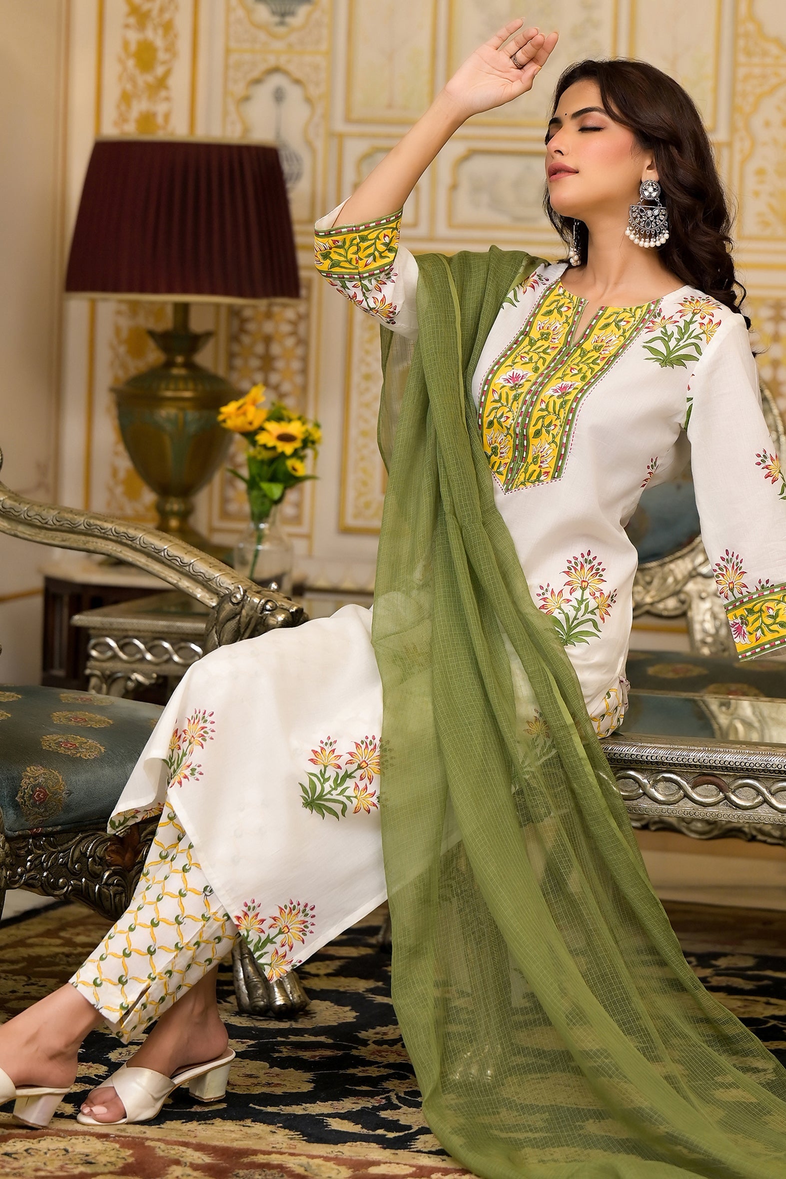 White Yellow Mughal Floral Cotton Kurta Pant Set