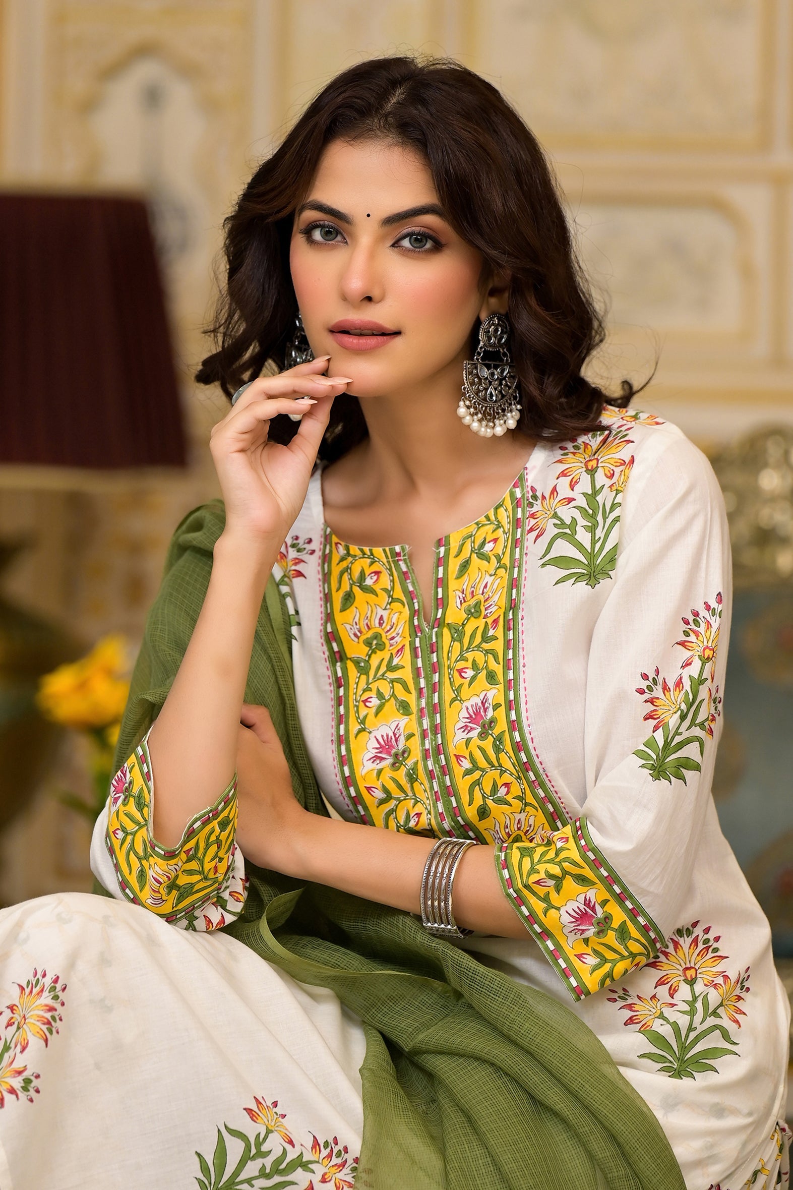 White Yellow Mughal Floral Cotton Kurta Pant Set
