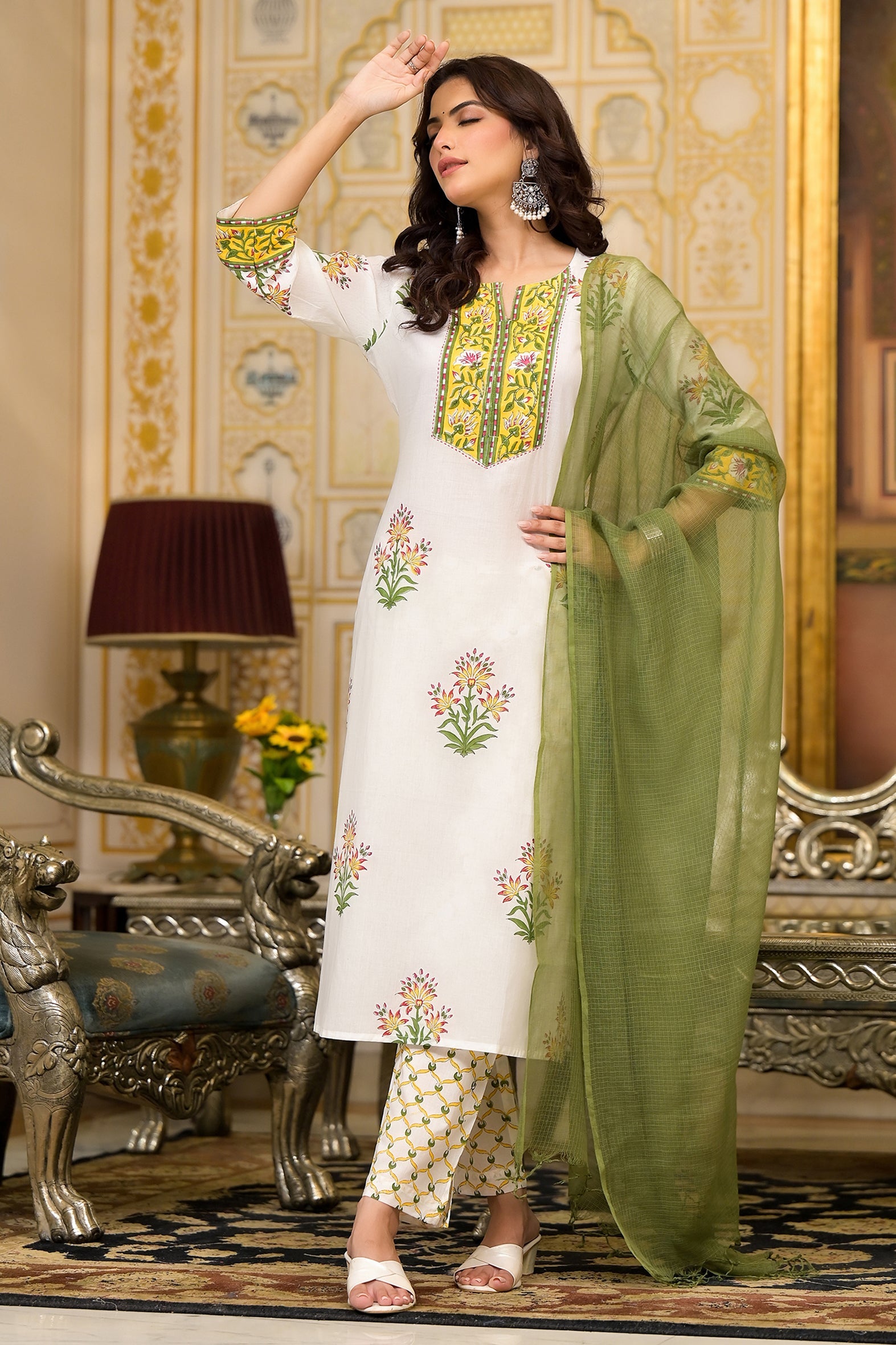 White Yellow Mughal Floral Cotton Kurta Pant Set