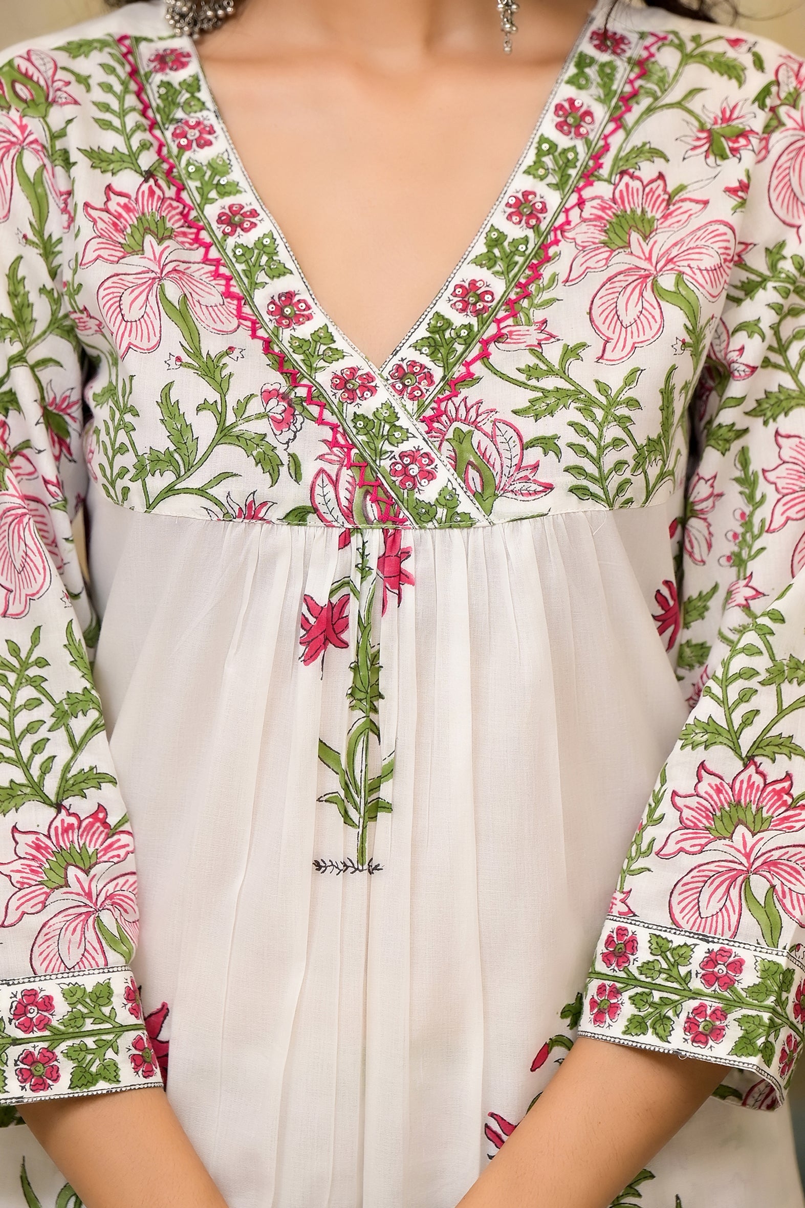 White Pink Mughal Floral Cotton Kurta Pant Set