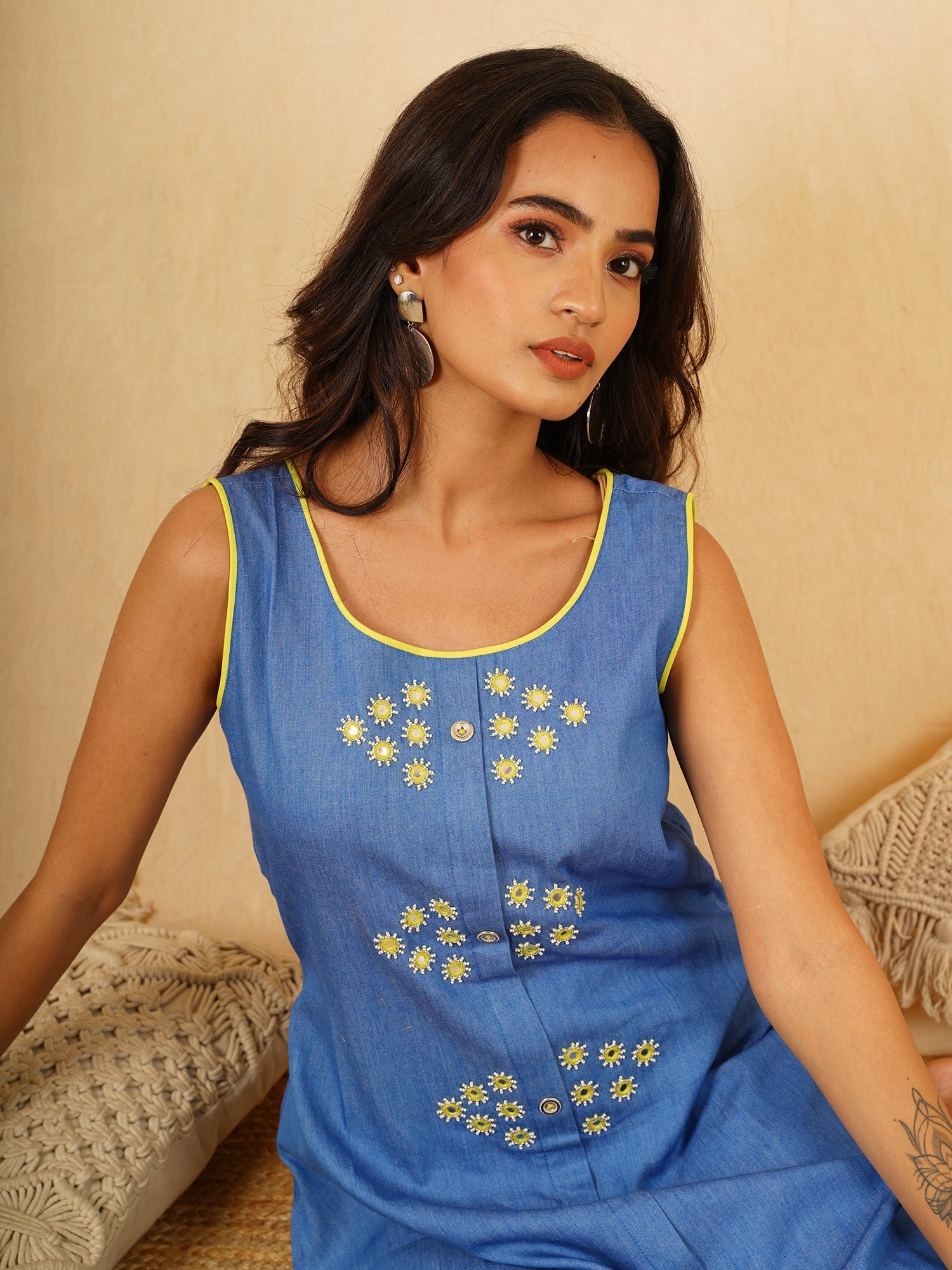 Bold Blue Denim Mirror Work A-Line Dress Neon Embroidery - Firefly