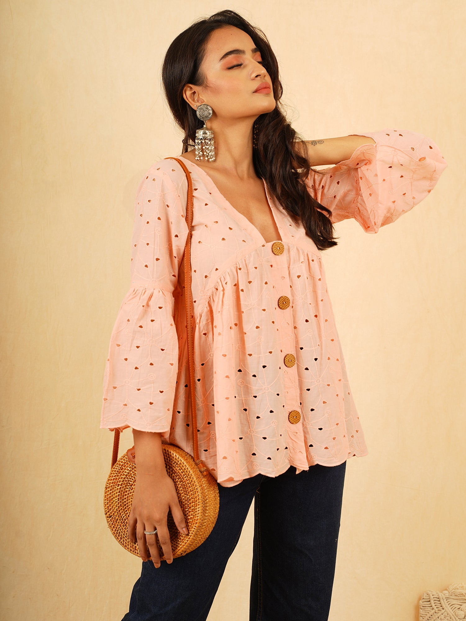Elegant Peach Shiffli Cotton Scalloped Hem Short Top - Hannah