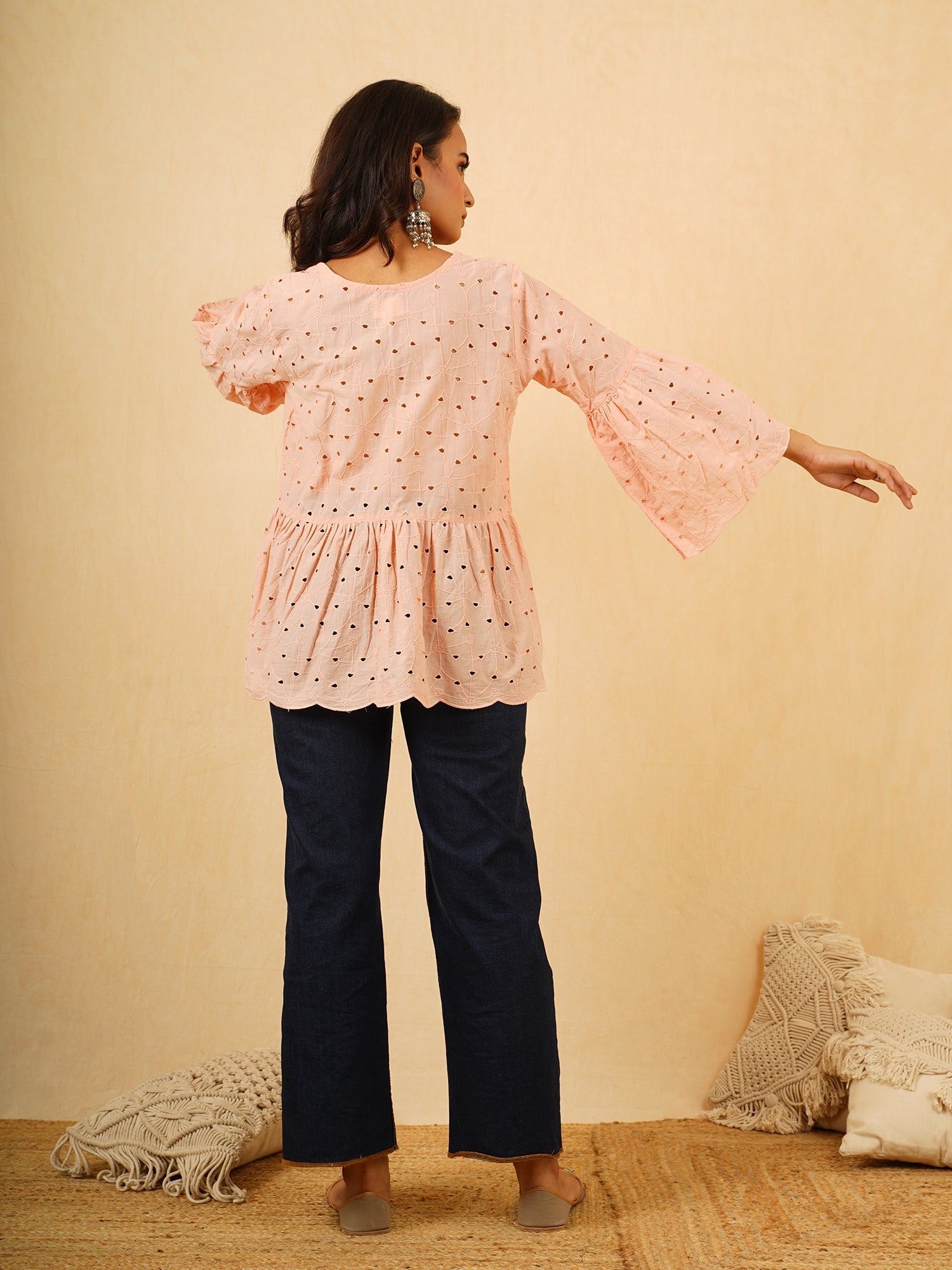 Elegant Peach Shiffli Cotton Scalloped Hem Short Top - Hannah