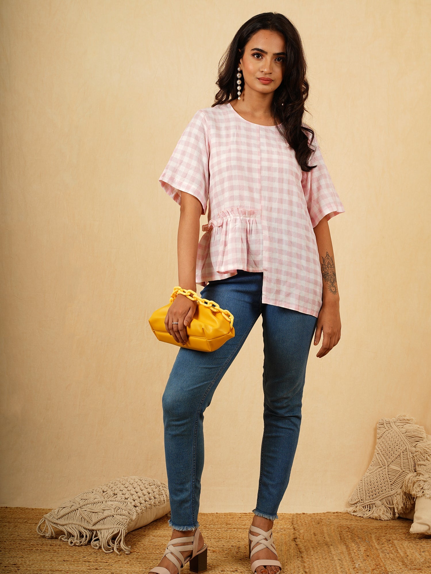 Elegant Pink White Cotton Checked Asymmetrical Top - Eve