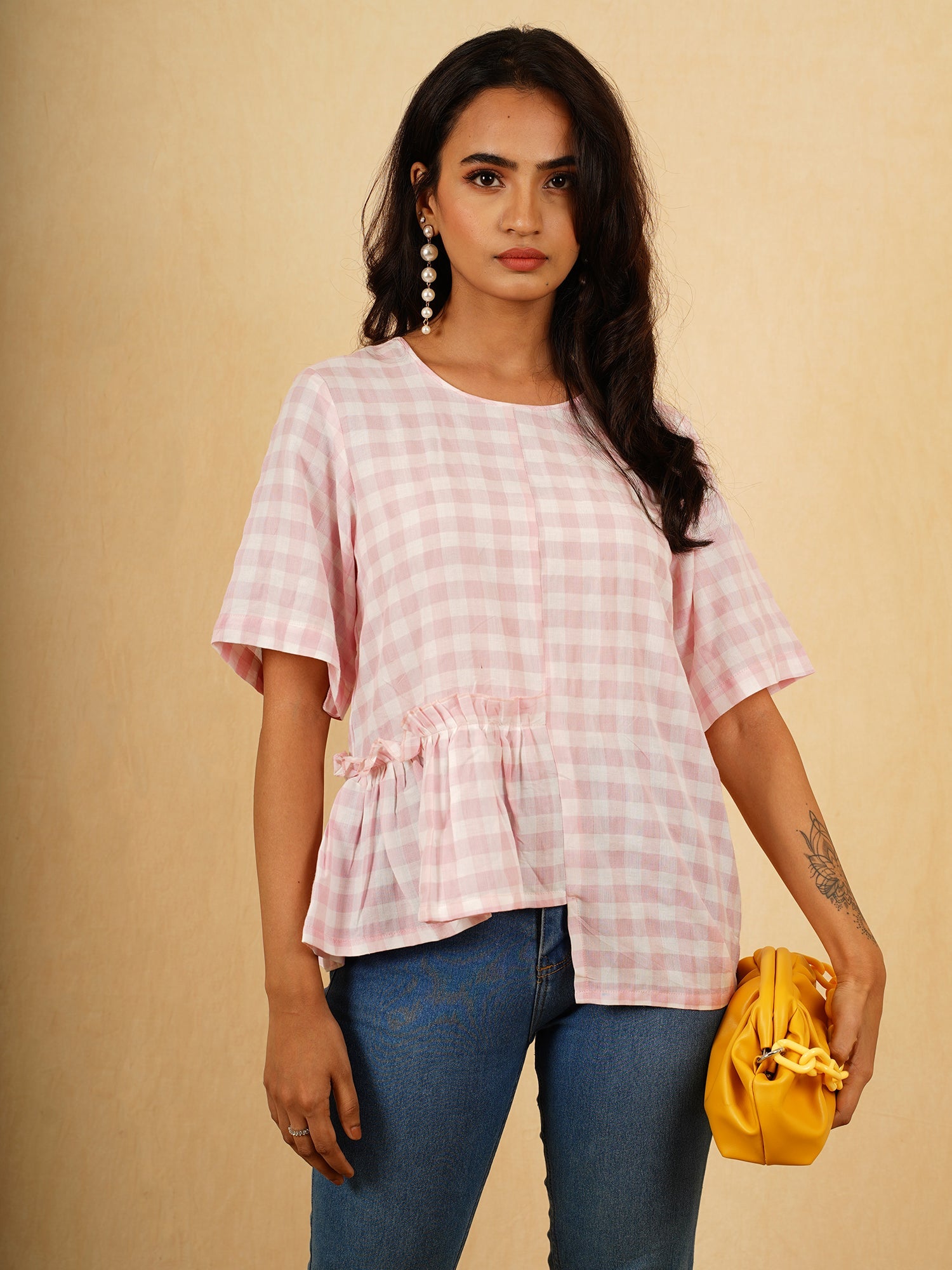 Elegant Pink White Cotton Checked Asymmetrical Top - Eve
