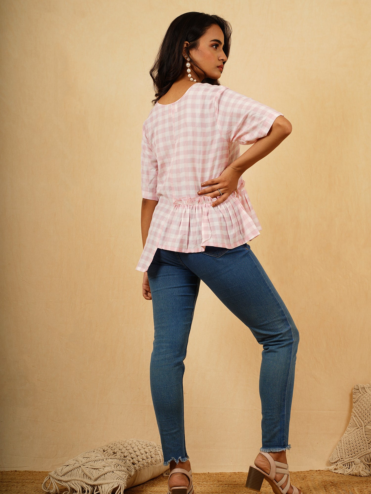 Elegant Pink White Cotton Checked Asymmetrical Top - Eve