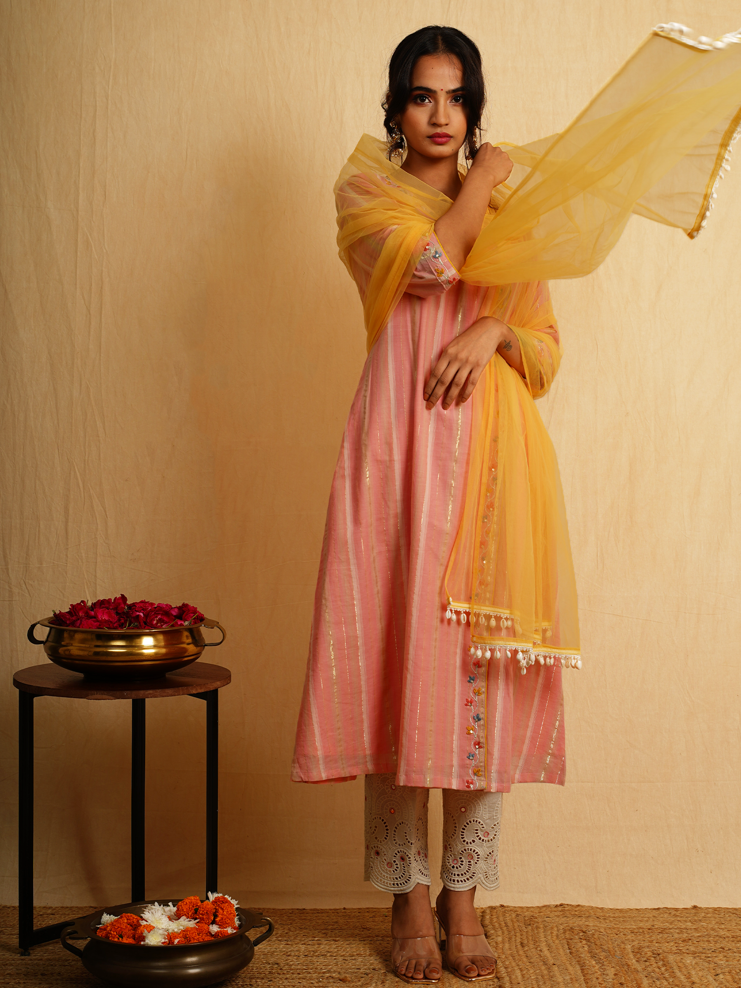 Peach Striped Cotton A-Line Angrakha Kurta Pant Dupatta Set Embroidered