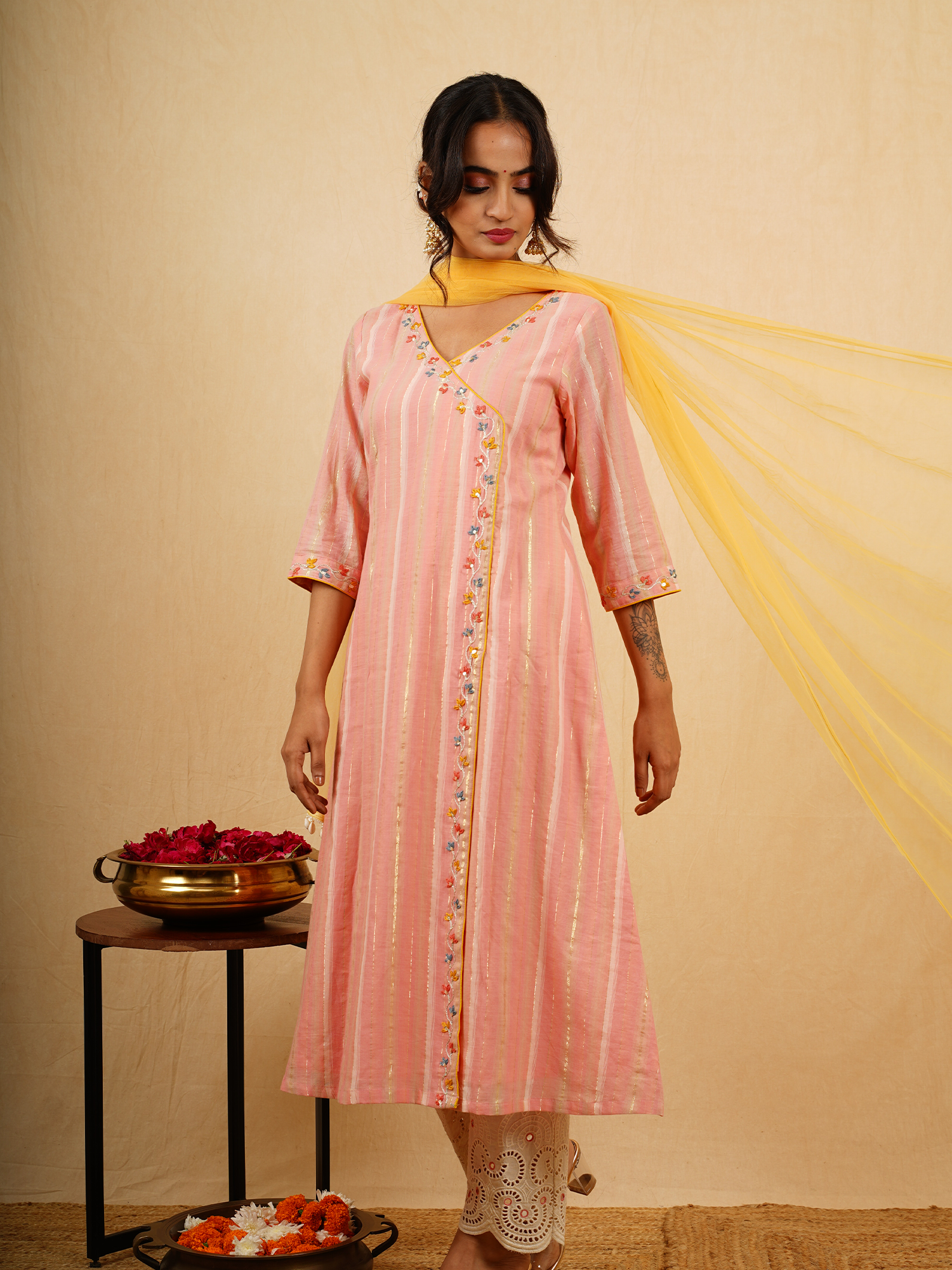 Peach Striped Cotton A-Line Angrakha Kurta Pant Dupatta Set Embroidered
