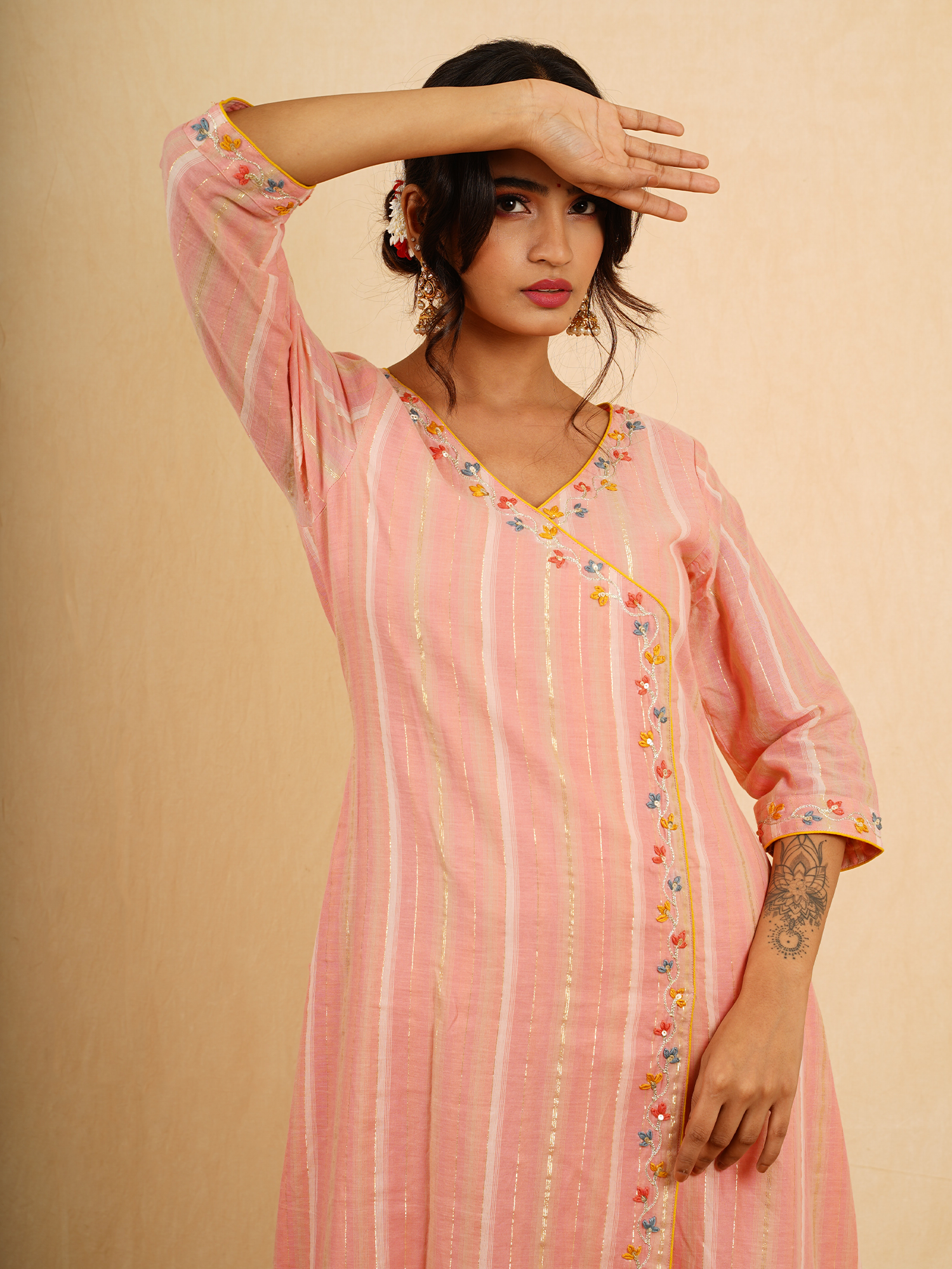 Peach Striped Cotton A-Line Angrakha Kurta Pant Dupatta Set Embroidered