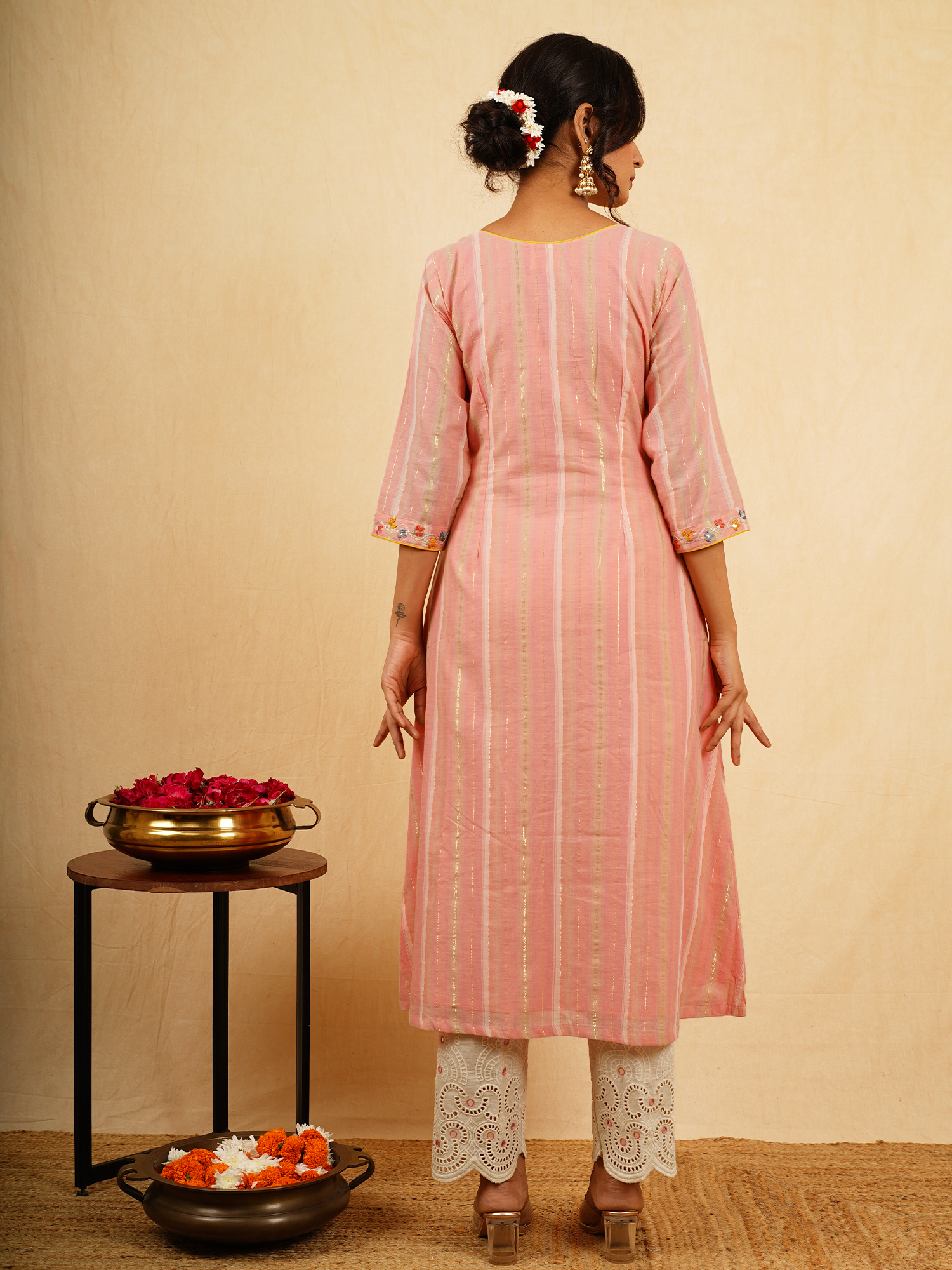 Peach Striped Cotton A-Line Angrakha Kurta Pant Dupatta Set Embroidered