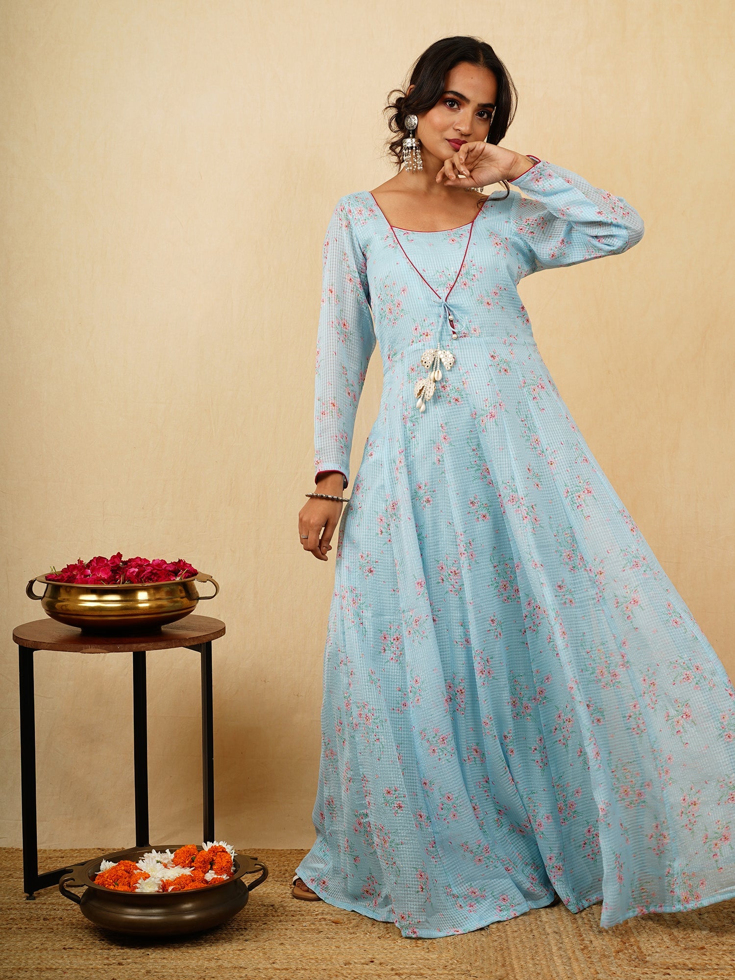 Neelamber Sky Blue Floral Georgette Long Anarkali Dress - Festive Outfit