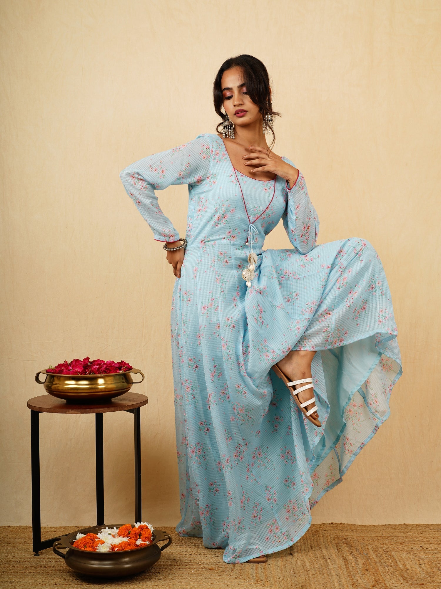 Neelamber Sky Blue Floral Georgette Long Anarkali Dress - Festive Outfit
