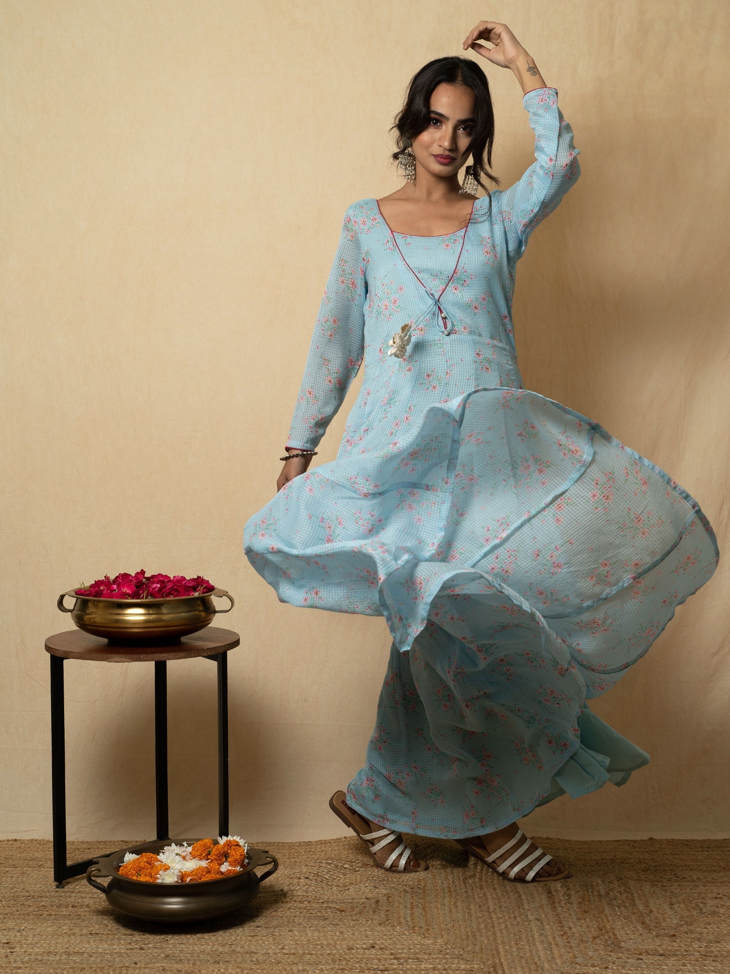 Neelamber Sky Blue Floral Georgette Long Anarkali Dress - Festive Outfit