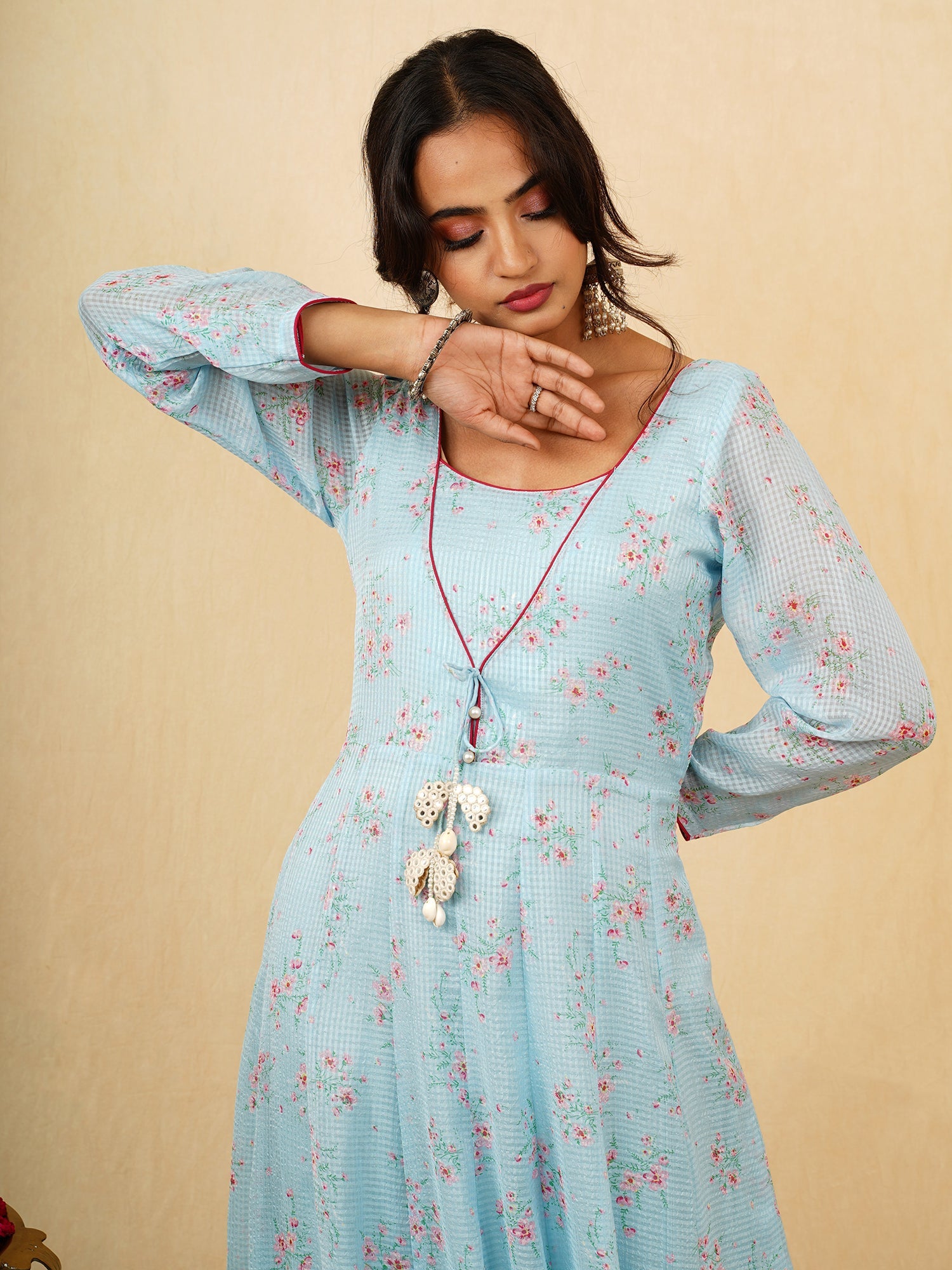 Neelamber Sky Blue Floral Georgette Long Anarkali Dress - Festive Outfit