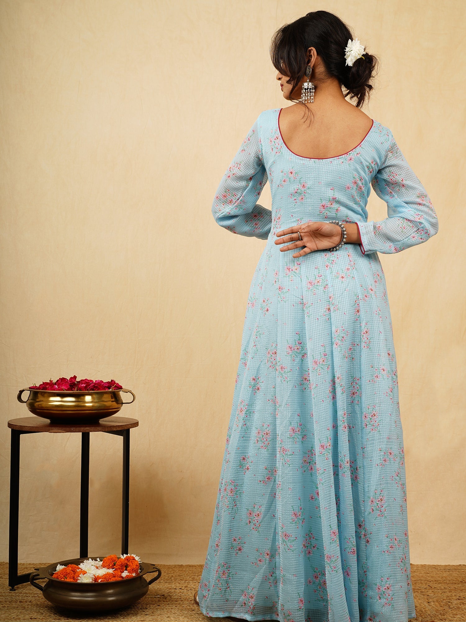 Neelamber Sky Blue Floral Georgette Long Anarkali Dress - Festive Outfit
