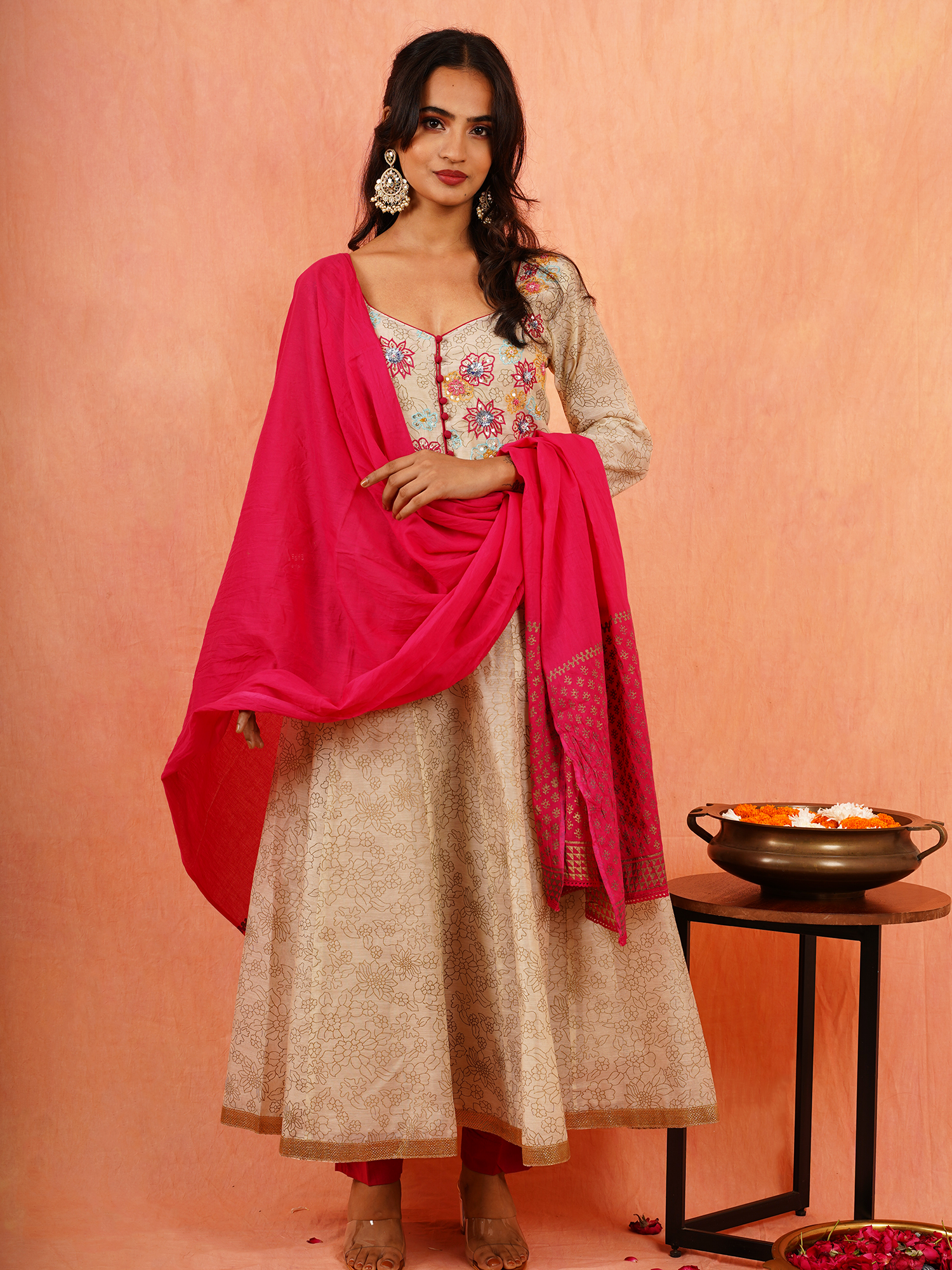 Festive Beige Rani Pink Chandheri Cotton Hand Embroidered Anarkali Set