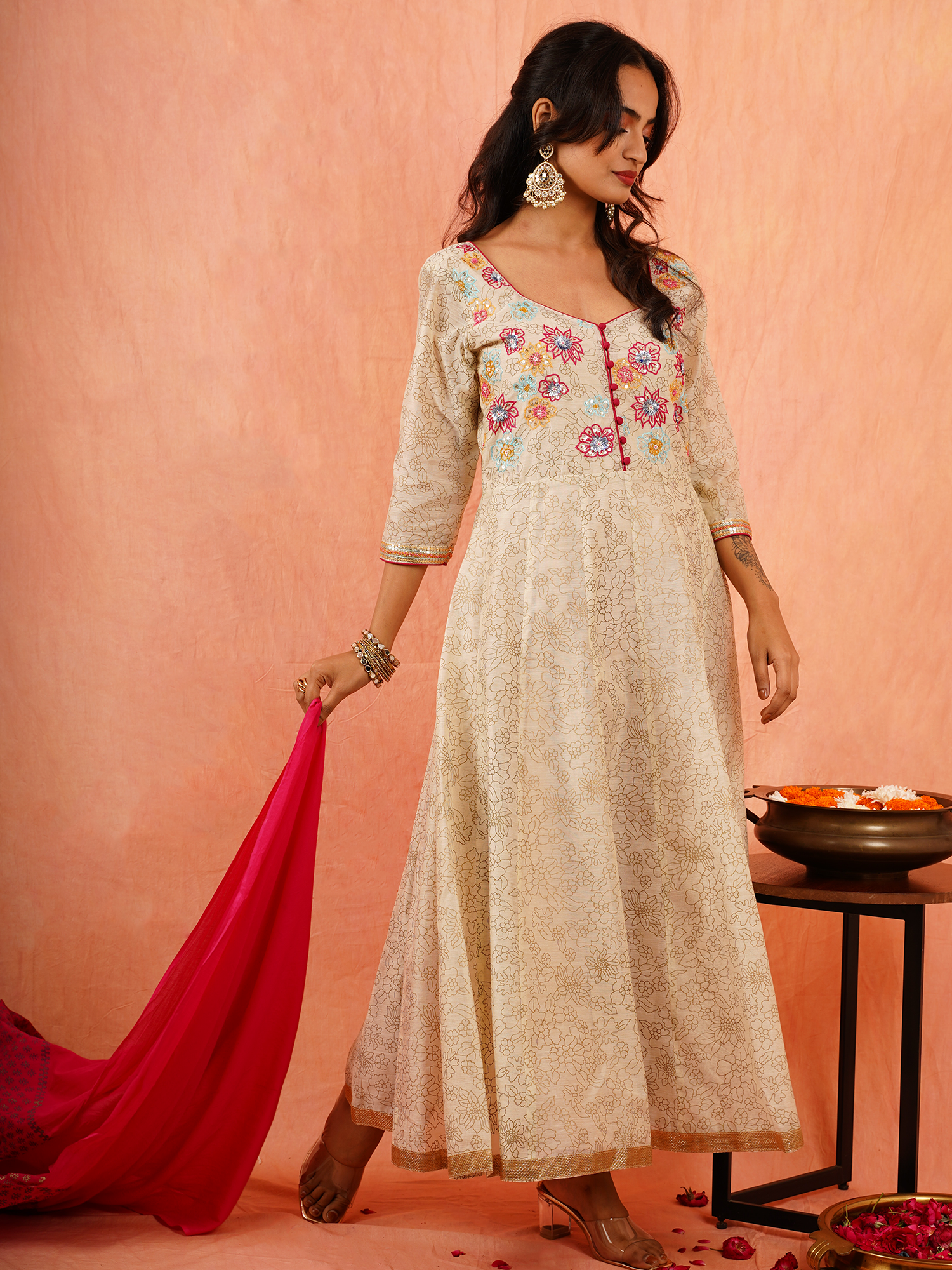 Festive Beige Rani Pink Chandheri Cotton Hand Embroidered Anarkali Set