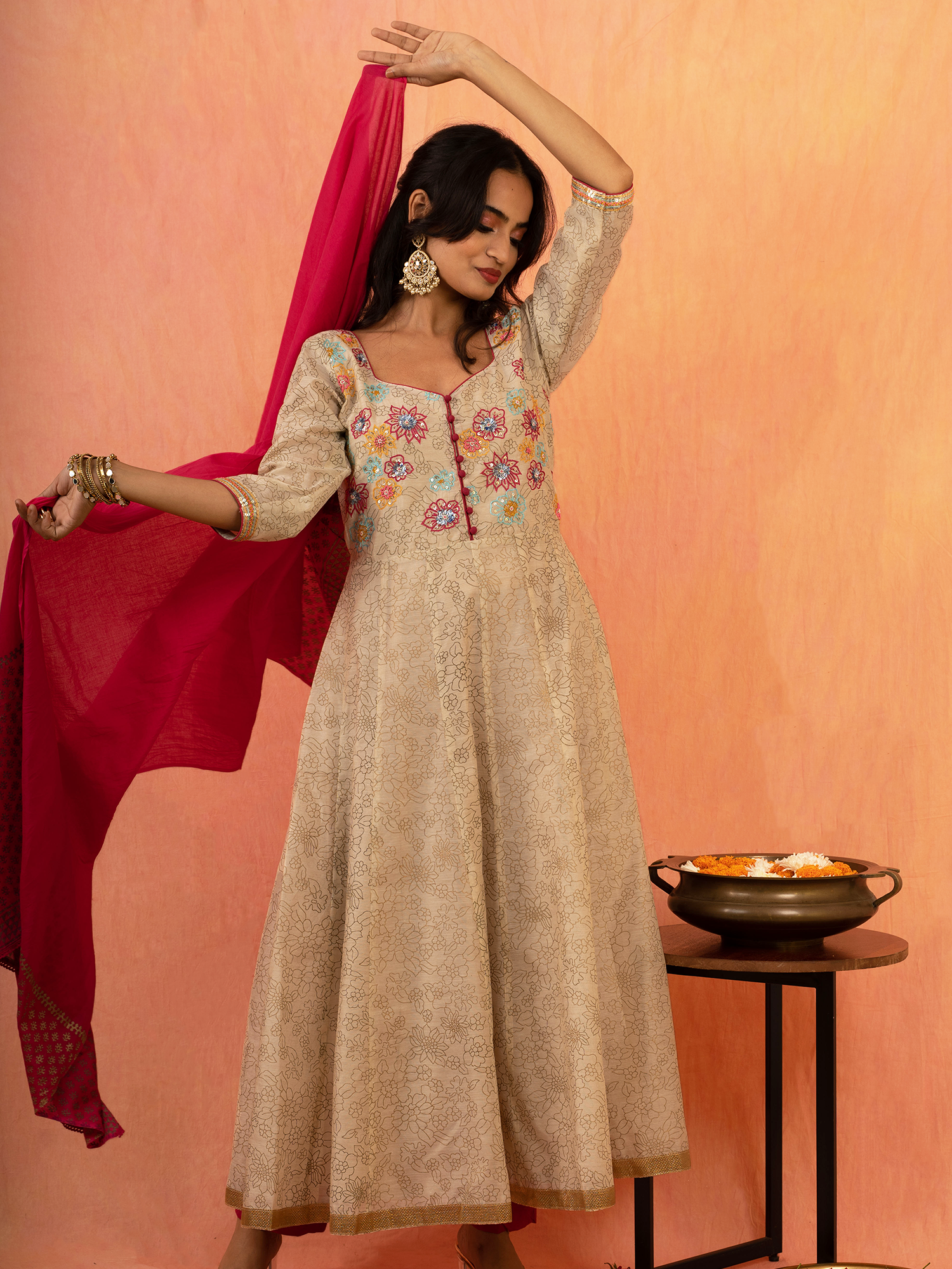 Festive Beige Rani Pink Chandheri Cotton Hand Embroidered Anarkali Set