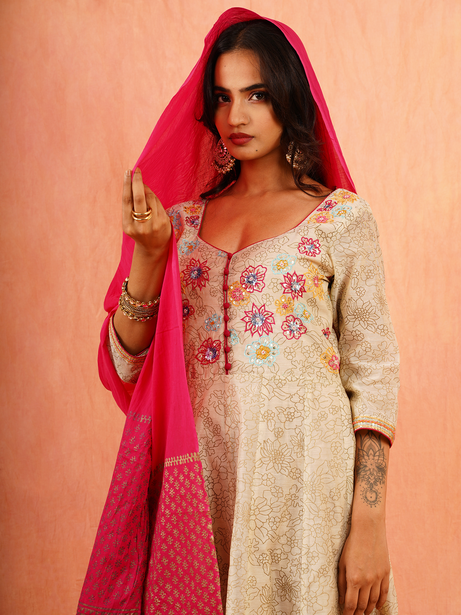 Festive Beige Rani Pink Chandheri Cotton Hand Embroidered Anarkali Set