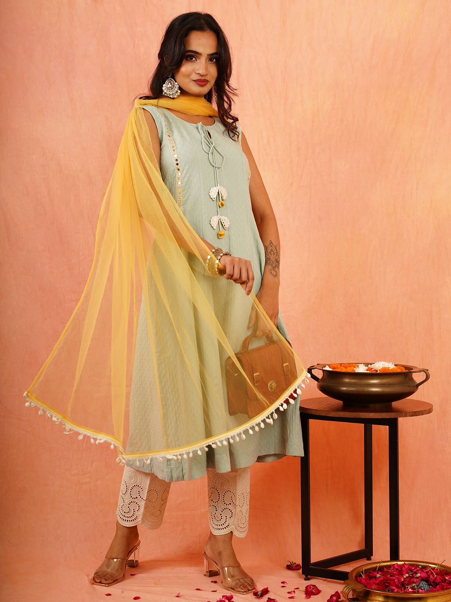 Ethereal Pastel Green Cotton Hand Embroidered Kurta Pant Dupatta Set
