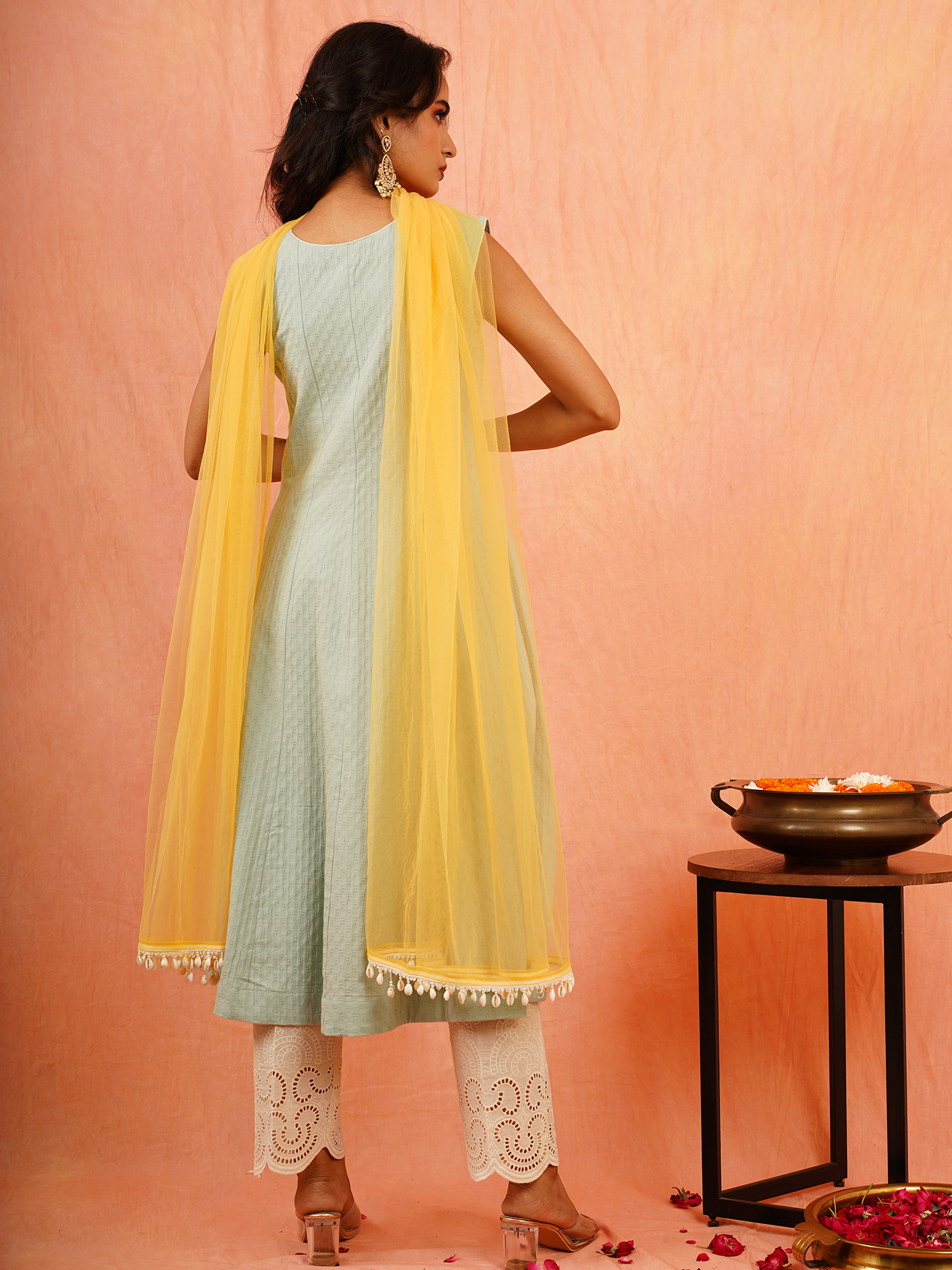 Ethereal Pastel Green Cotton Hand Embroidered Kurta Pant Dupatta Set