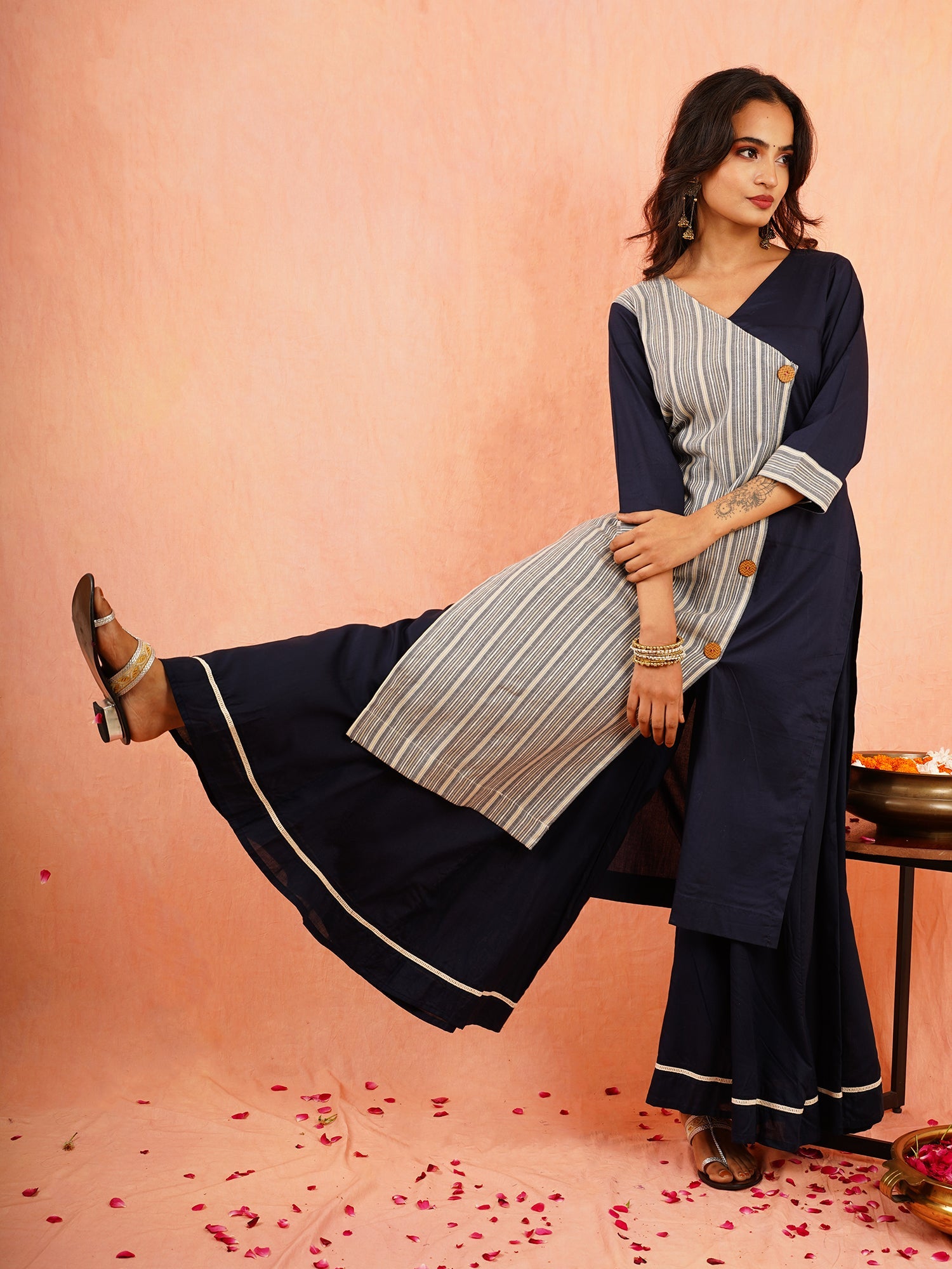 Smart Navy Blue Cotton Striped Angarakha Kurta - Neerja