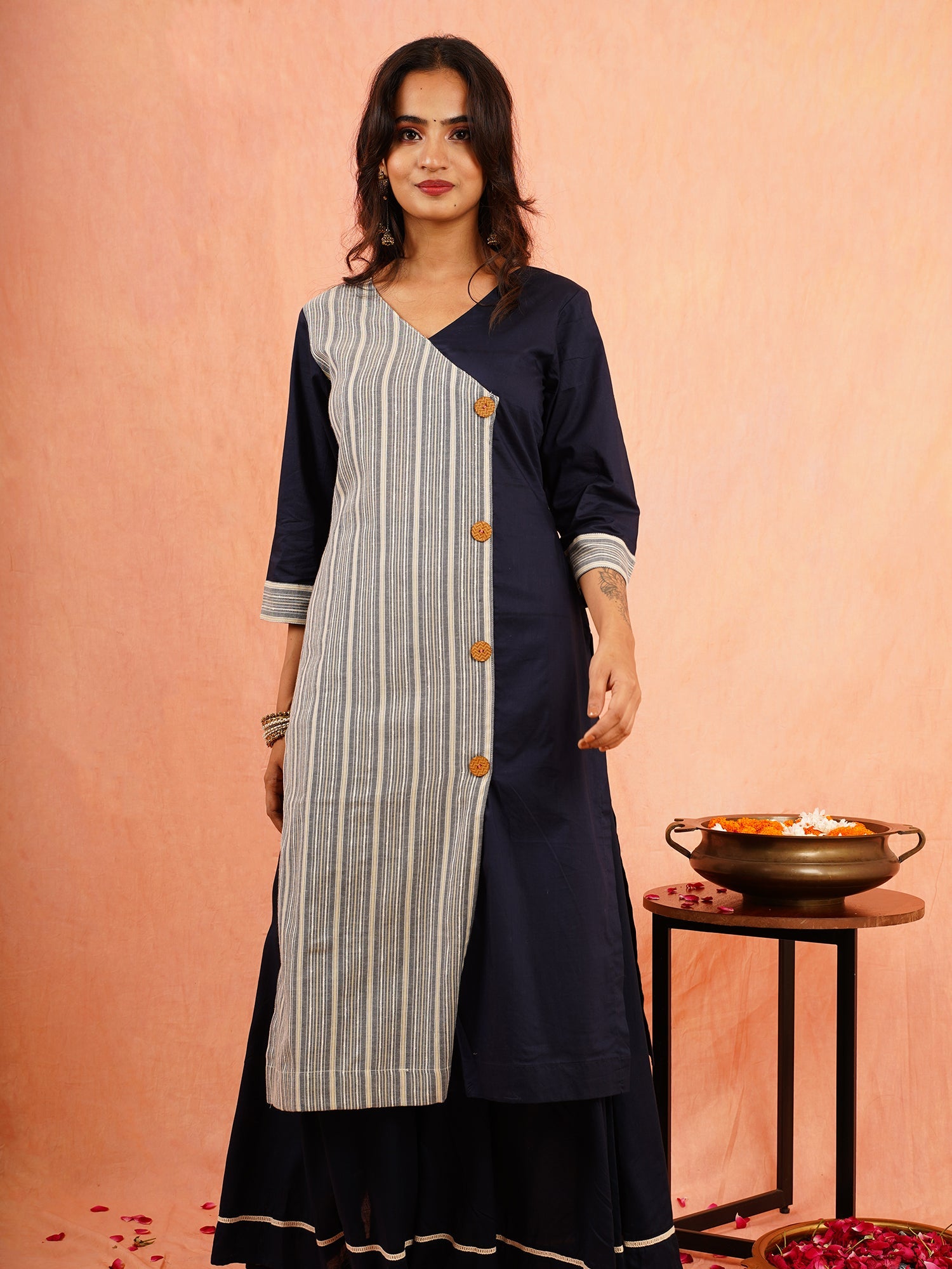 Smart Navy Blue Cotton Striped Angarakha Kurta - Neerja