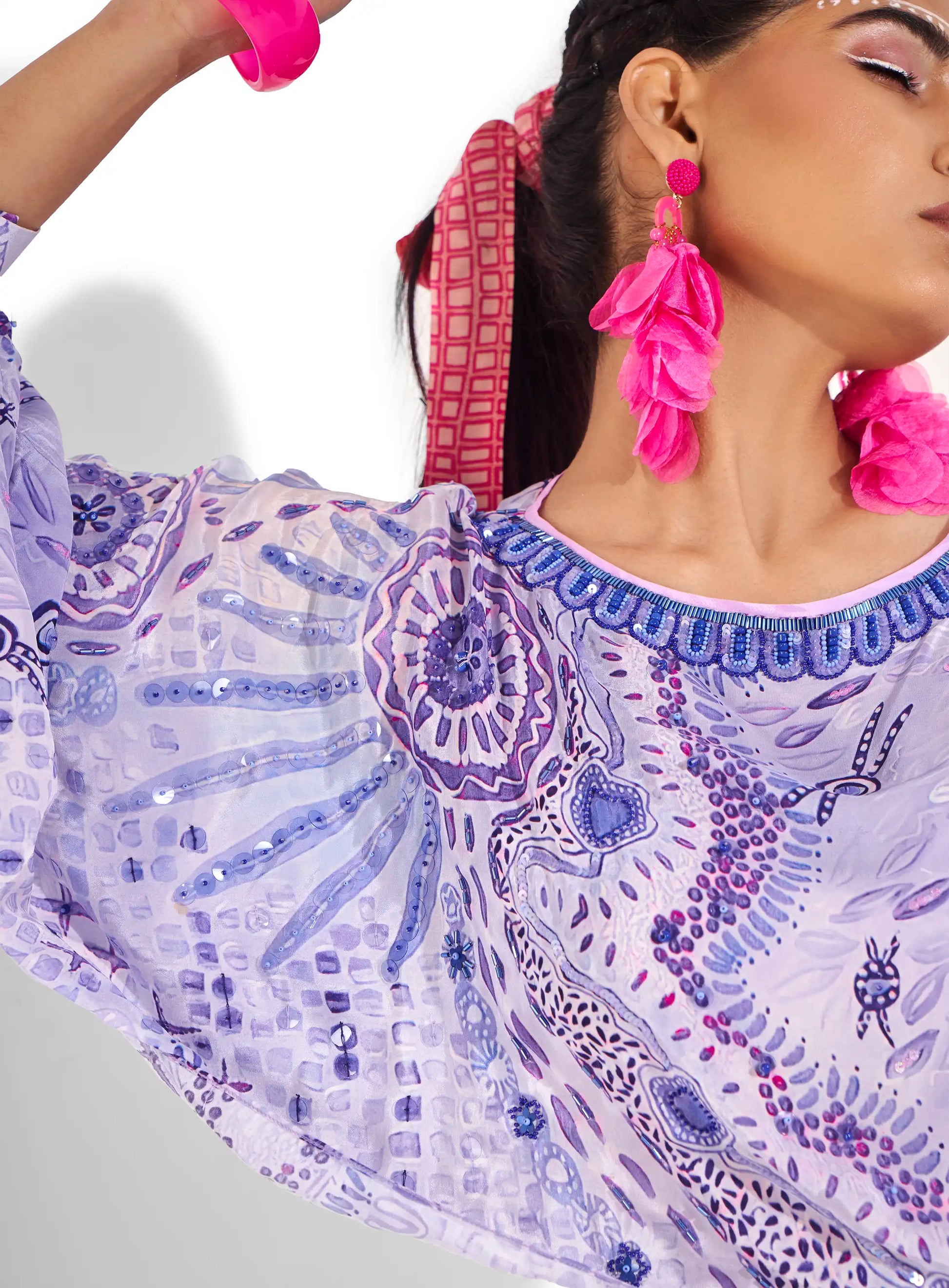 Elevate Purple Electric Crepe Azara Crop Top & Printed Skirt Set