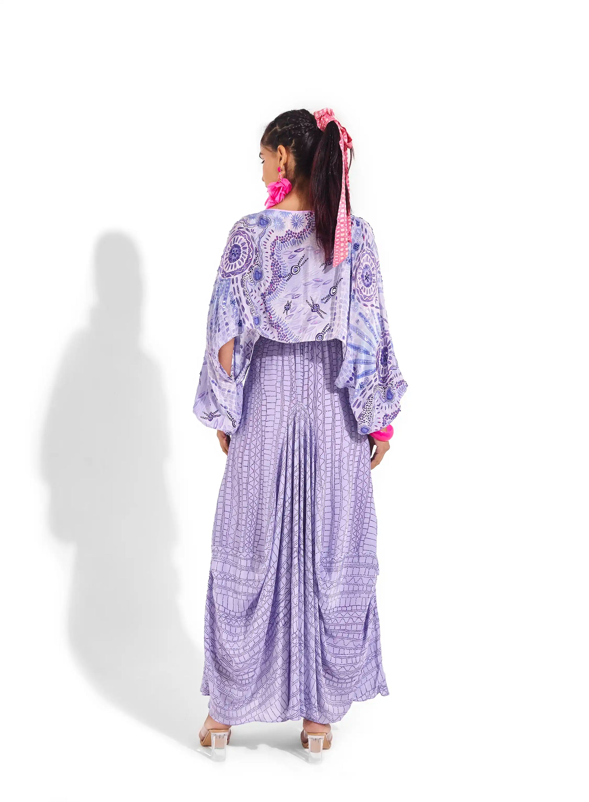 Elevate Purple Electric Crepe Azara Crop Top & Printed Skirt Set