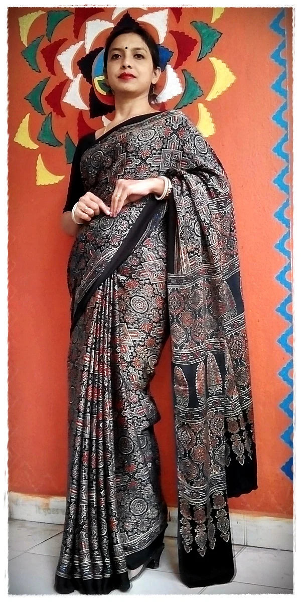 Red Black Modal Silk Ajrakh Handblock Saree Floral Geometric