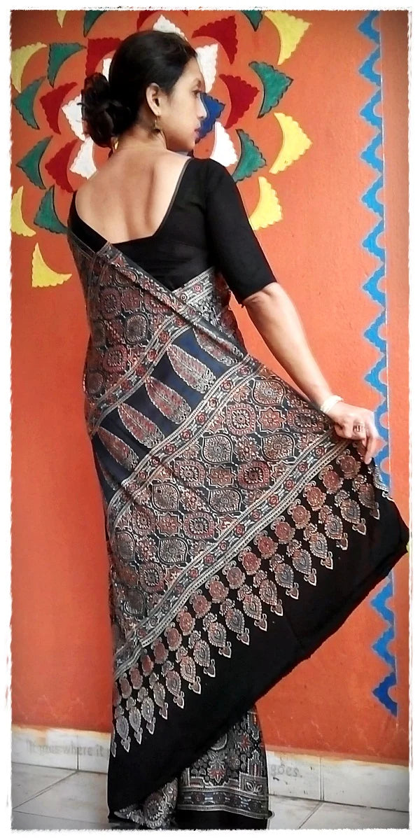 Red Black Modal Silk Ajrakh Handblock Saree Floral Geometric