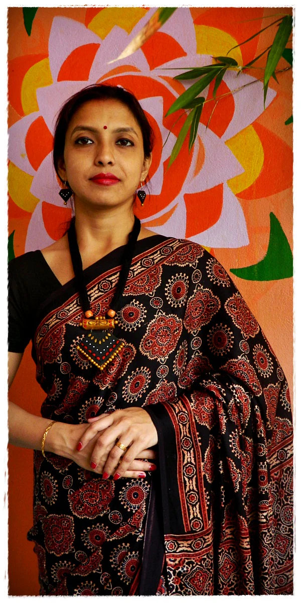 Blue Red Black Modal Silk Ajrakh Handblock Saree Floral Geometric