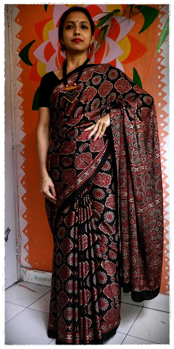 Blue Red Black Modal Silk Ajrakh Handblock Saree Floral Geometric