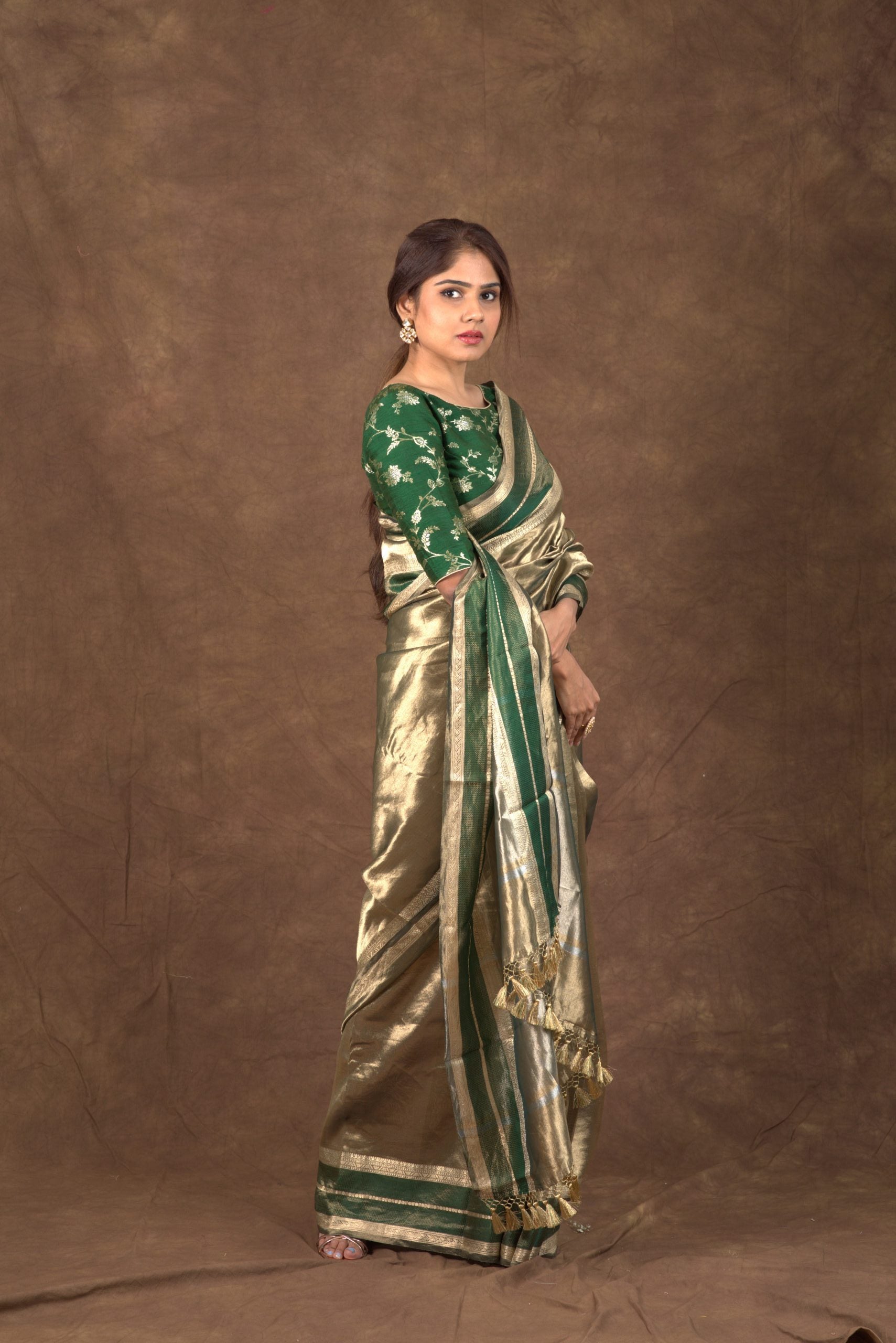 Aurum Emerald Copper Gold & Green Tissue Banarasi Saree with Katan Borders - Luxury Saree