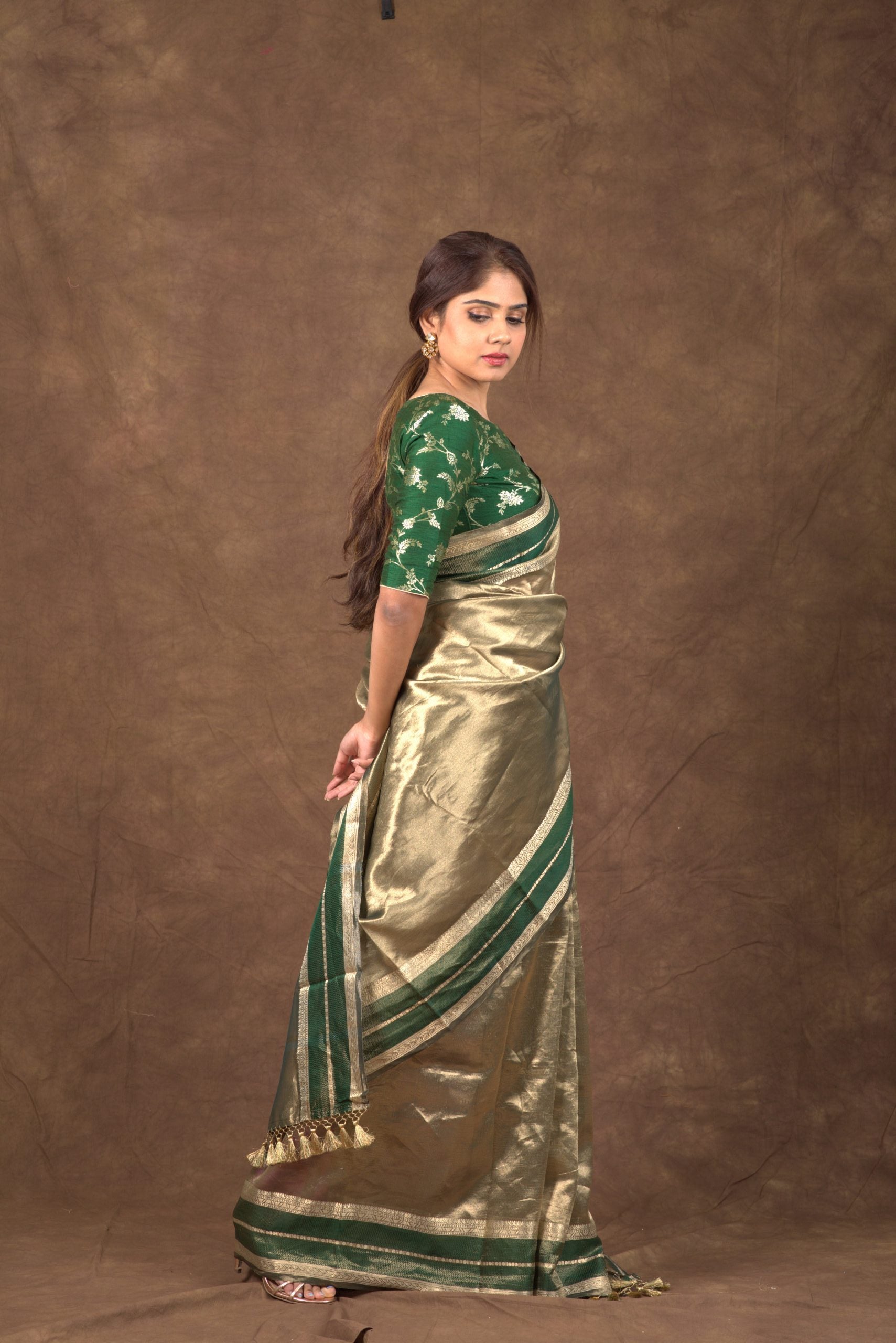Aurum Emerald Copper Gold & Green Tissue Banarasi Saree with Katan Borders - Luxury Saree