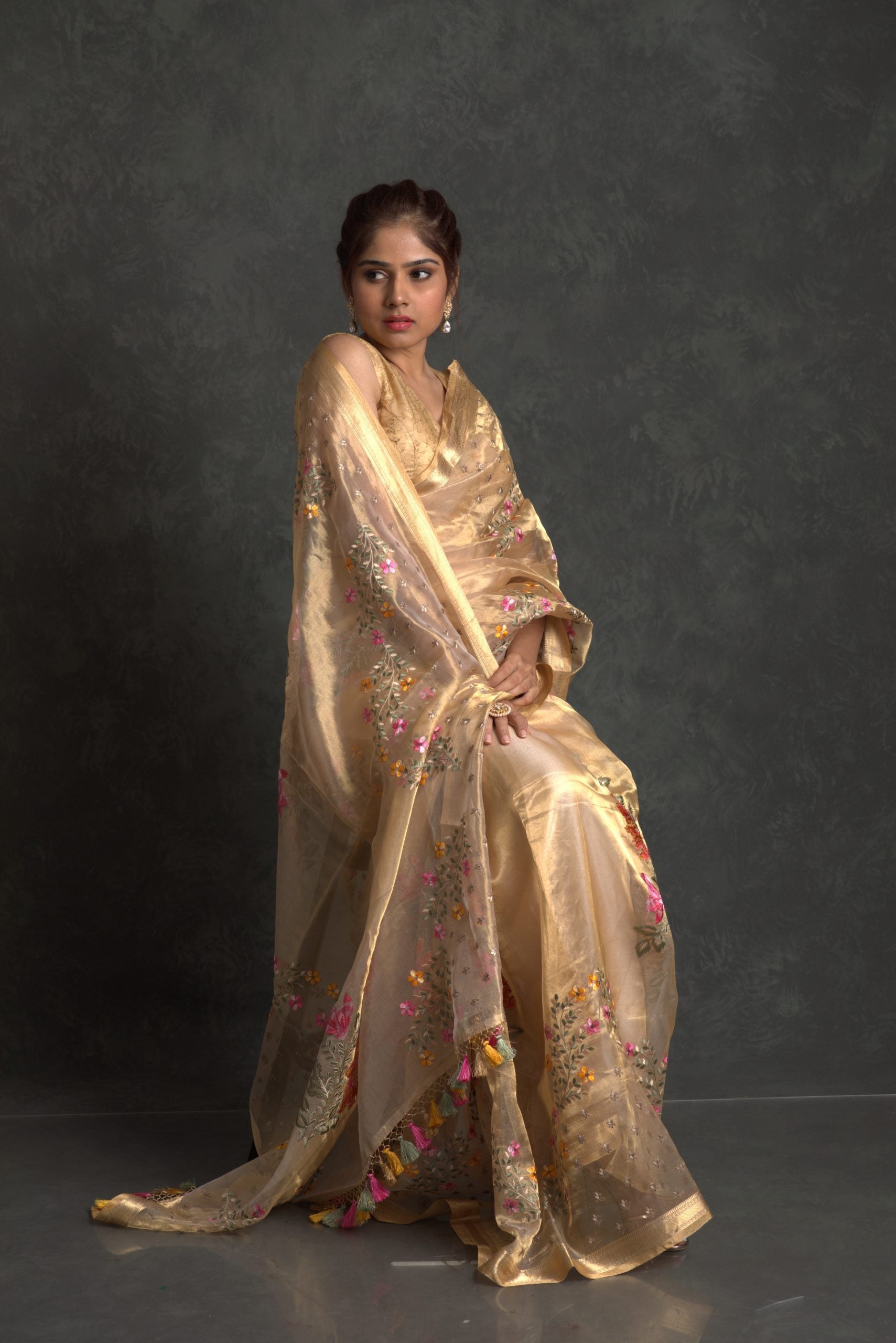 Aurum Golden Handloom Banarasi Tissue Saree with Thread Embroidery - Wedding Saree